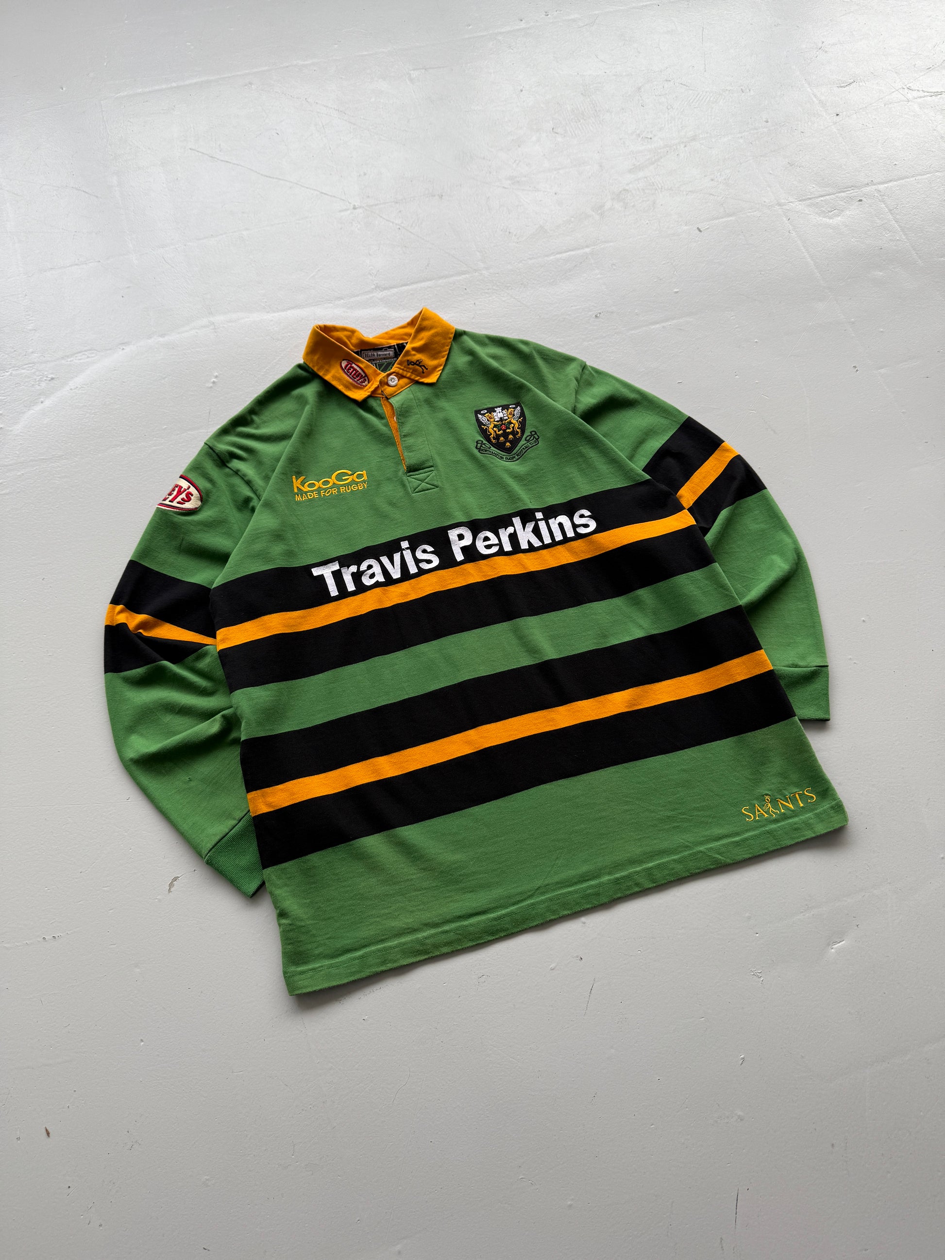 Green Striped Northampton Saints Rugby 00's Vintage Long Sleeve Jersey - XL