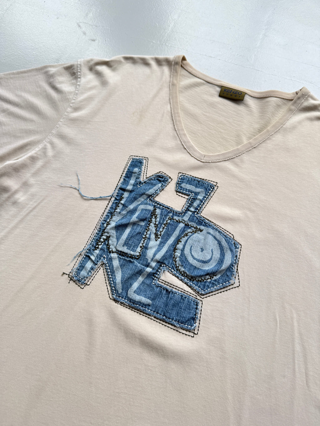 Beige Kenzo Y2K Denim Embroidered V-Neck T-Shirt 00's Vintage
