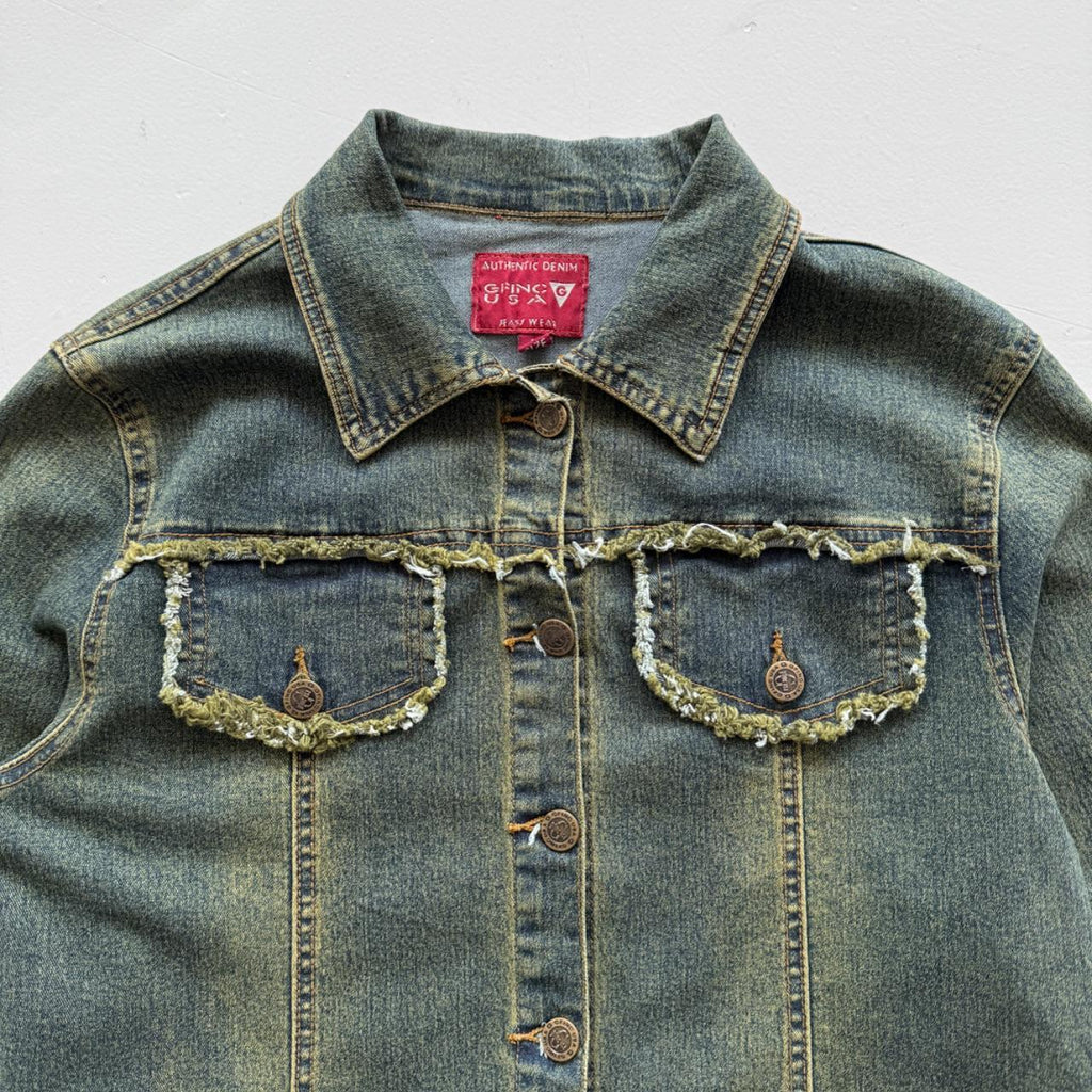 Blue Green Y2K Distressed Denim Jacket - Medium
