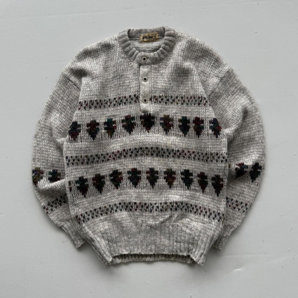 Grey Pattern Knit 80s Vintage Wool Sweatshirt - Medium