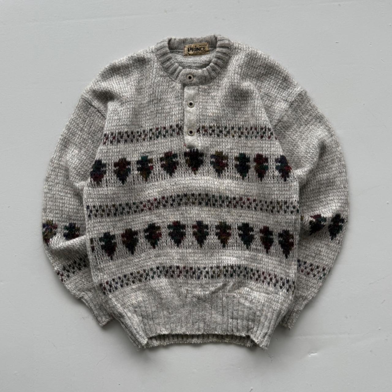 Grey Pattern Knit 80s Vintage Wool Sweatshirt - Medium