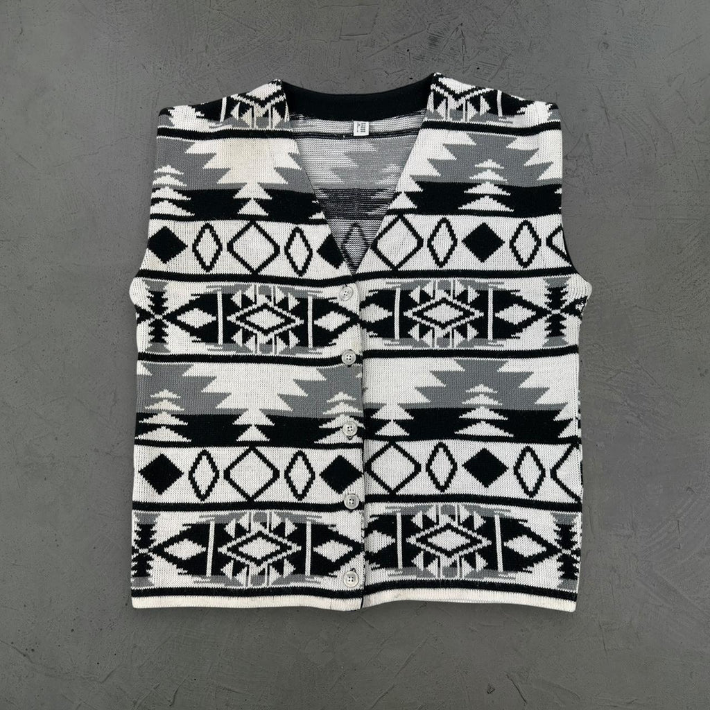 White Knitted Patterned Vintage 90s Sweater Vest - Large