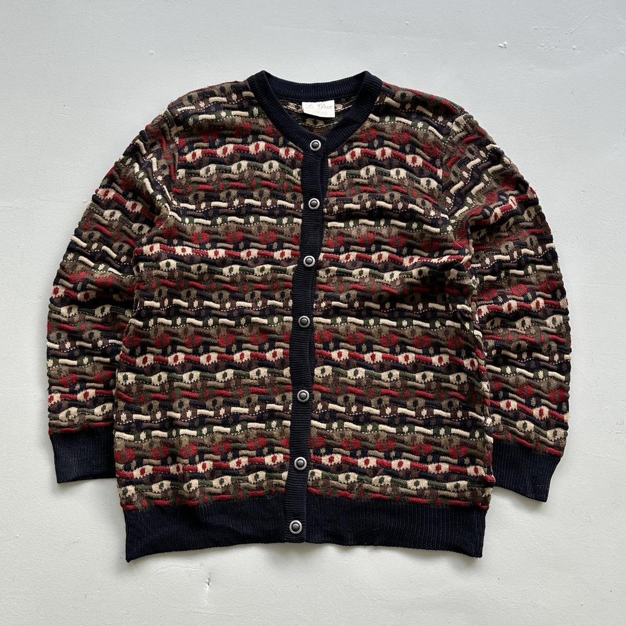 Multicoloured 90s Vintage Australian Woollen Pattern 3D Knit Wool Sweatshirt Cardigan- Medium