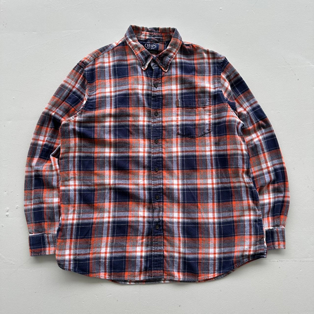 Orange Navy Checkered Chaps 90s Vintage Long sleeve - 2XL