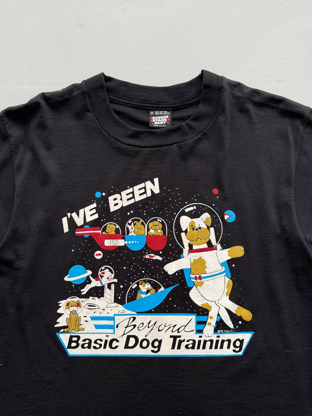 Black Space Dog 90's Vintage Graphic Single Stitch Illustrated T-Shirt - Small