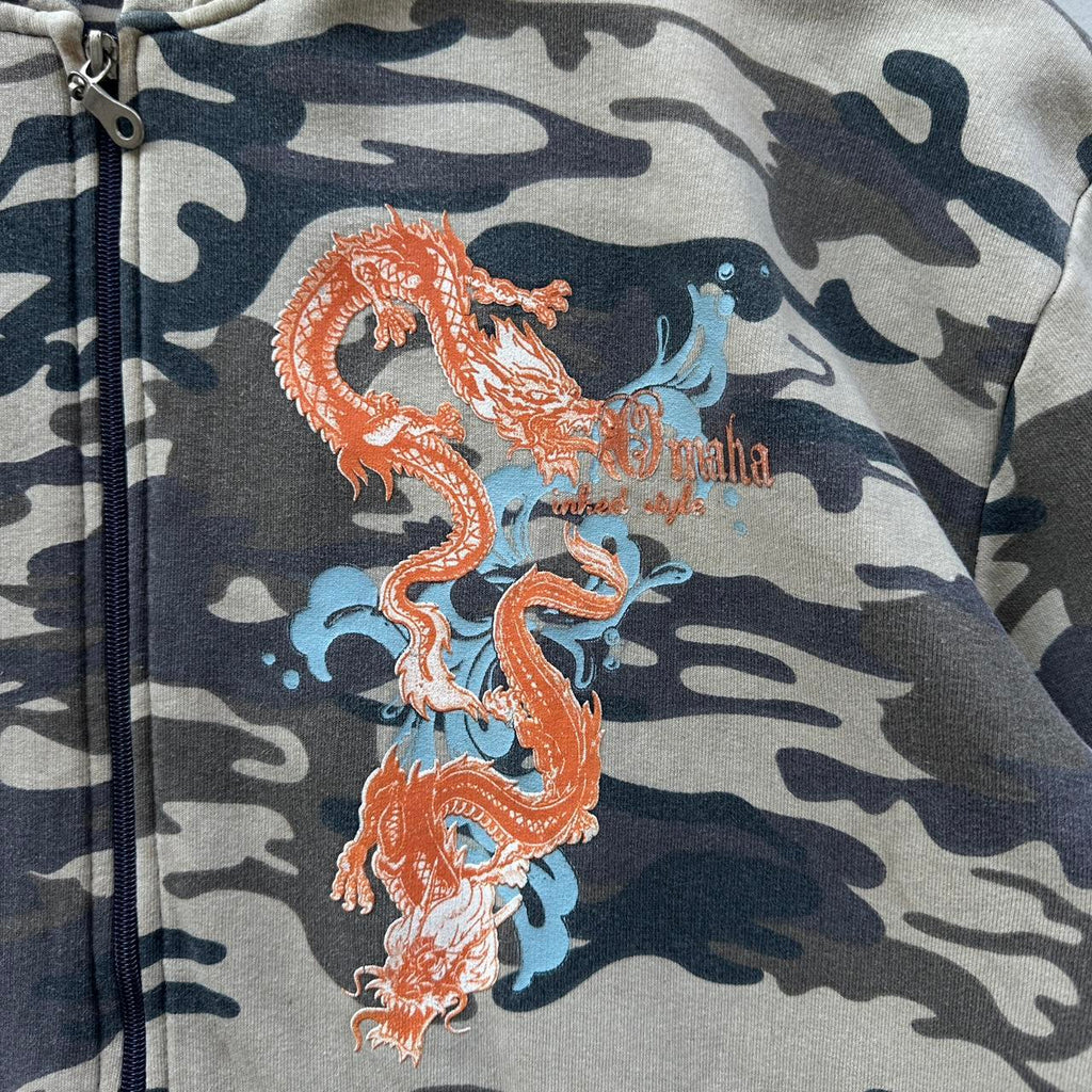 Grey Camo Tribal Dragon Y2K Full-Zip Hoodie - XL