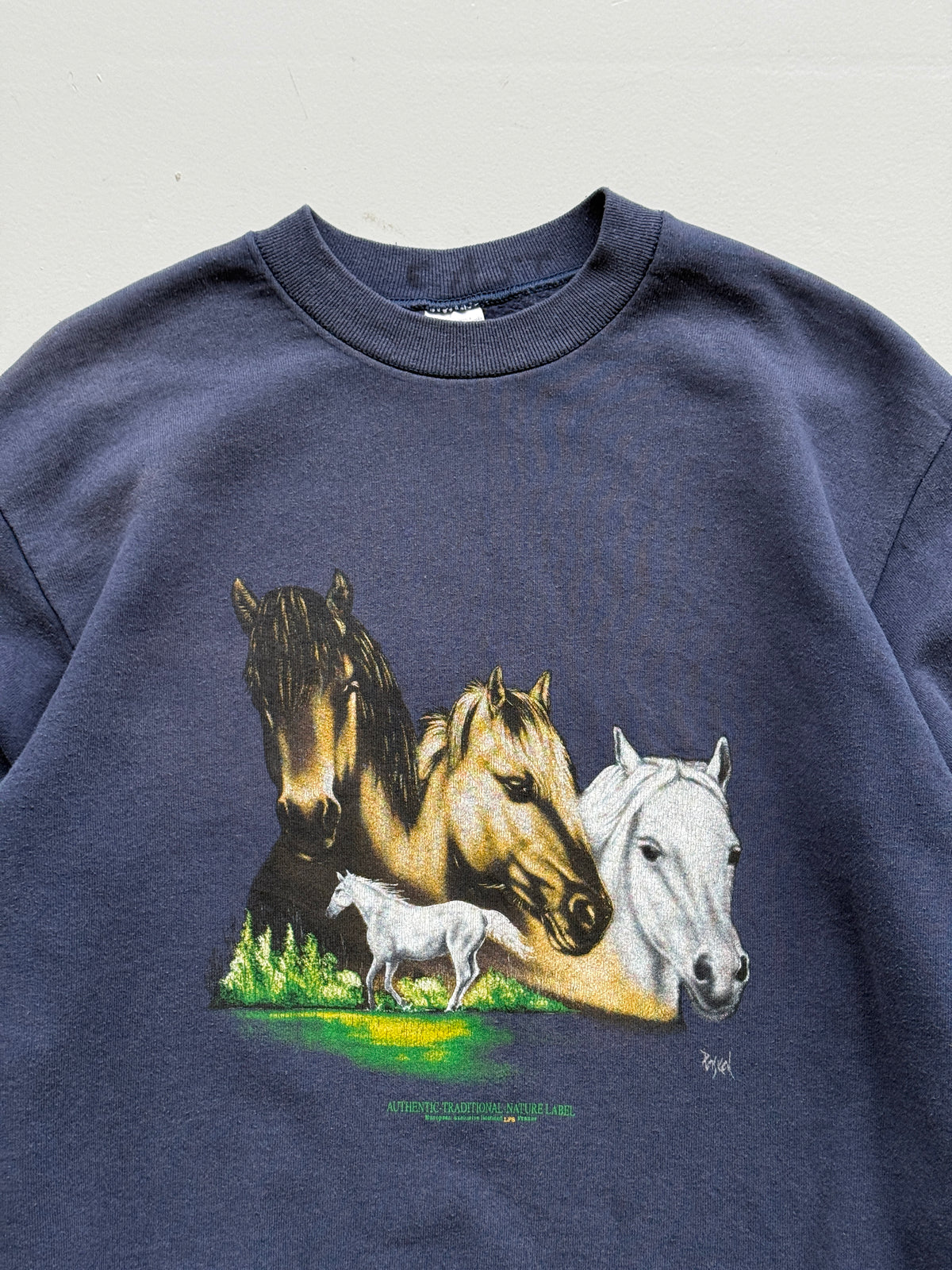 Faded Navy Horse Graphic 90's Vintage Sweatshirt - Small