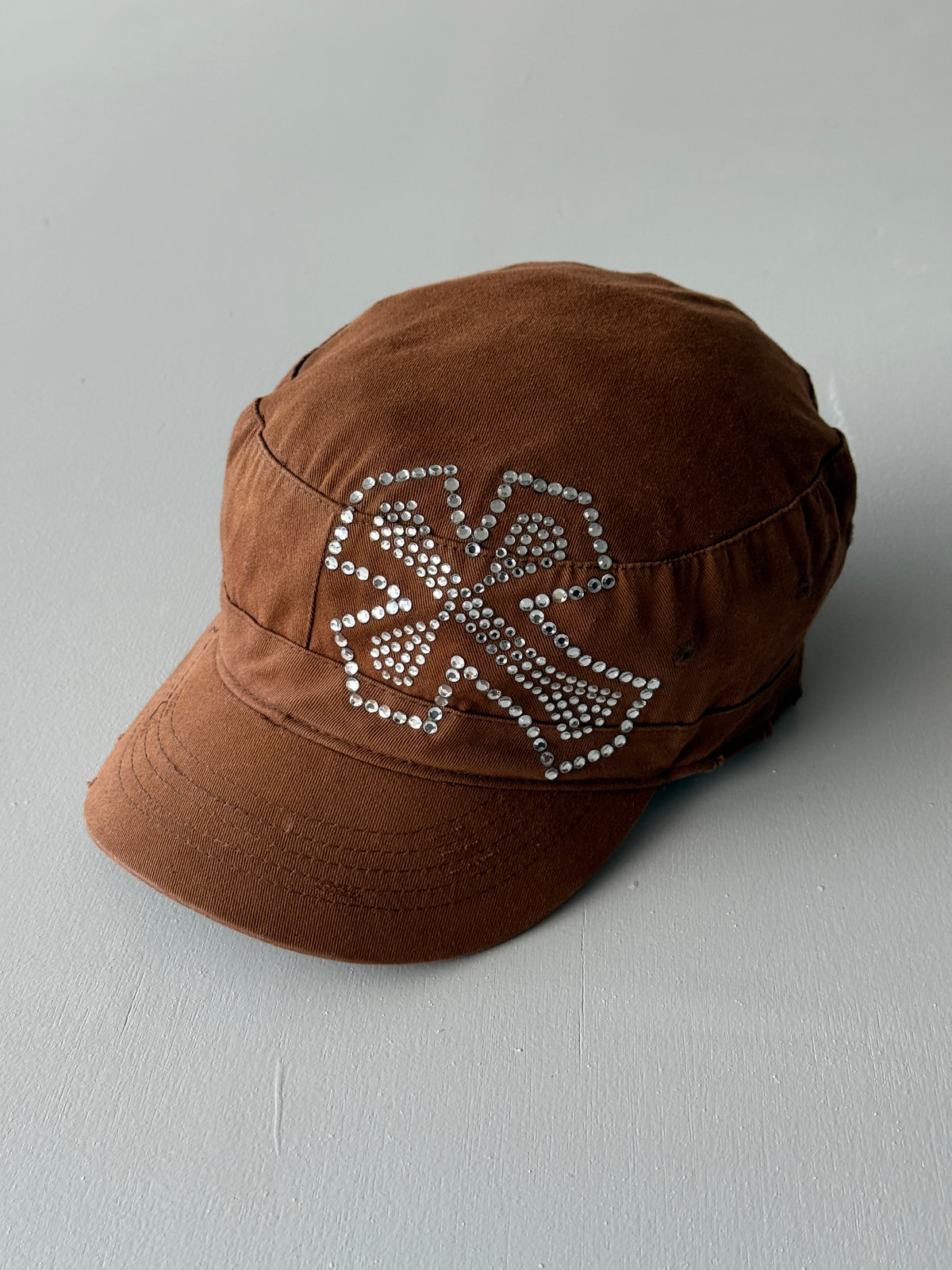 Brown Cross Studded Surf Y2K Cadet Cap Military Style 00's Grunge Aesthetic