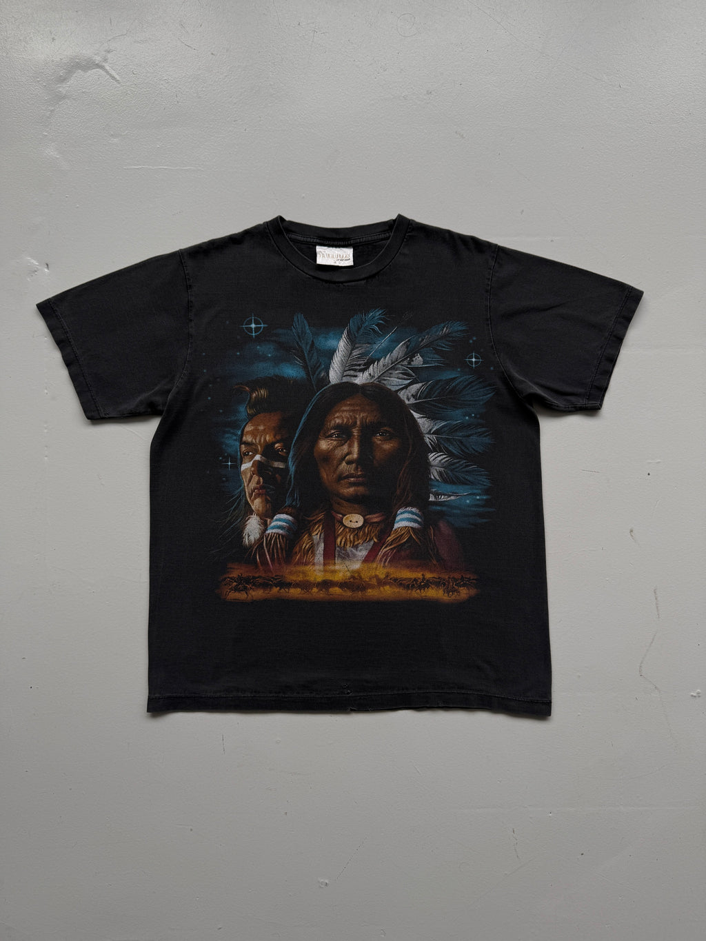 Faded Black Native American Chief 90's Vintage Graphic T-Shirt