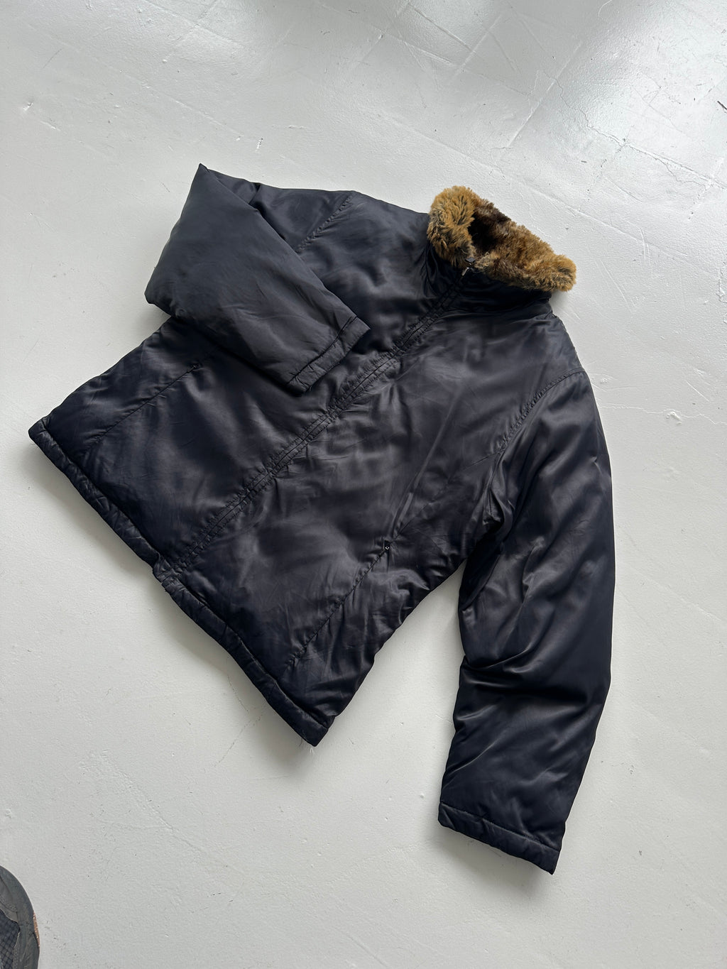Navy Lands End Vintage 00's Goose Down Faux Fur Puffer - Womens Large 14-16