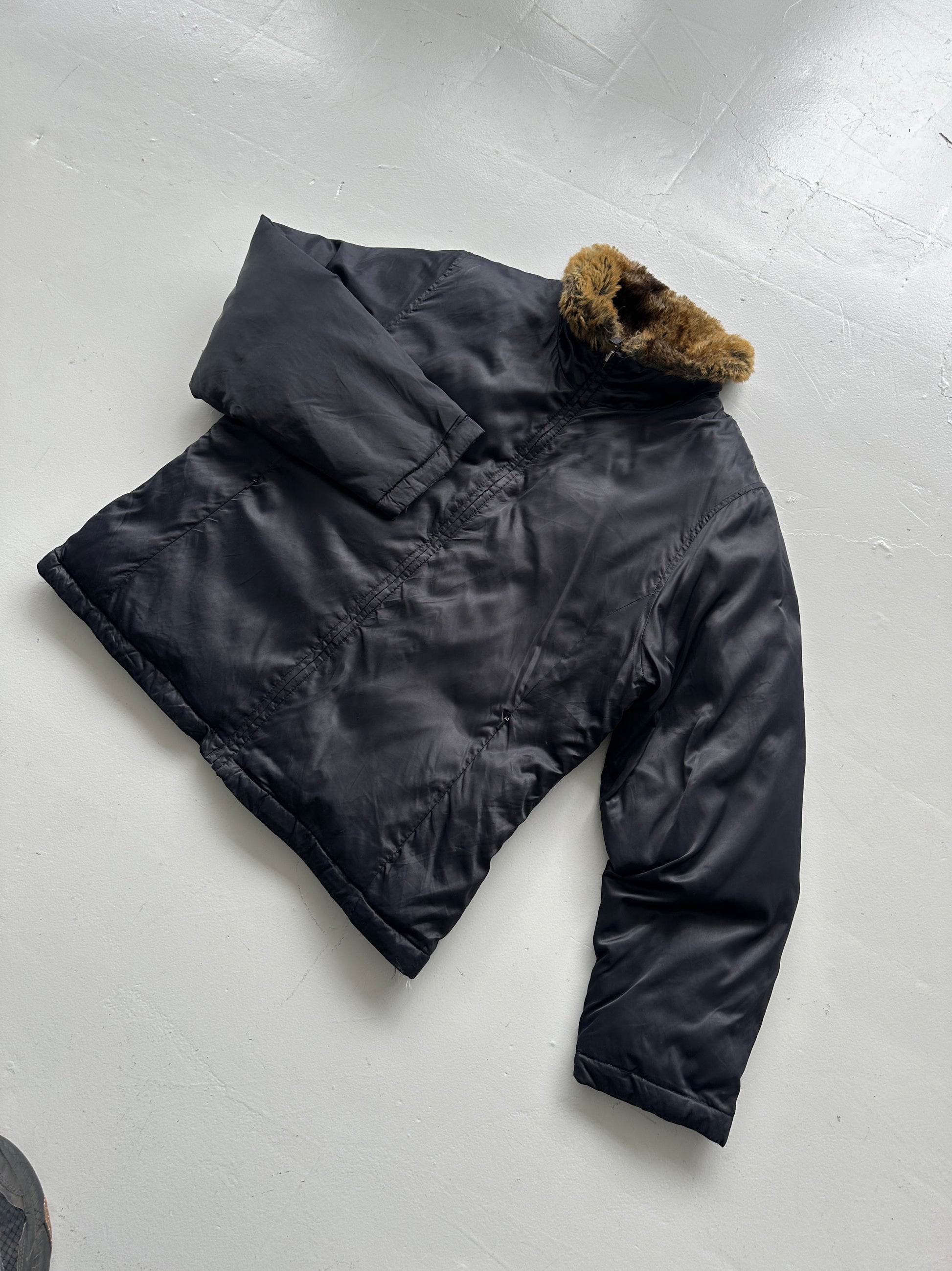 Navy Lands End Vintage 00's Goose Down Faux Fur Puffer - Womens Large 14-16