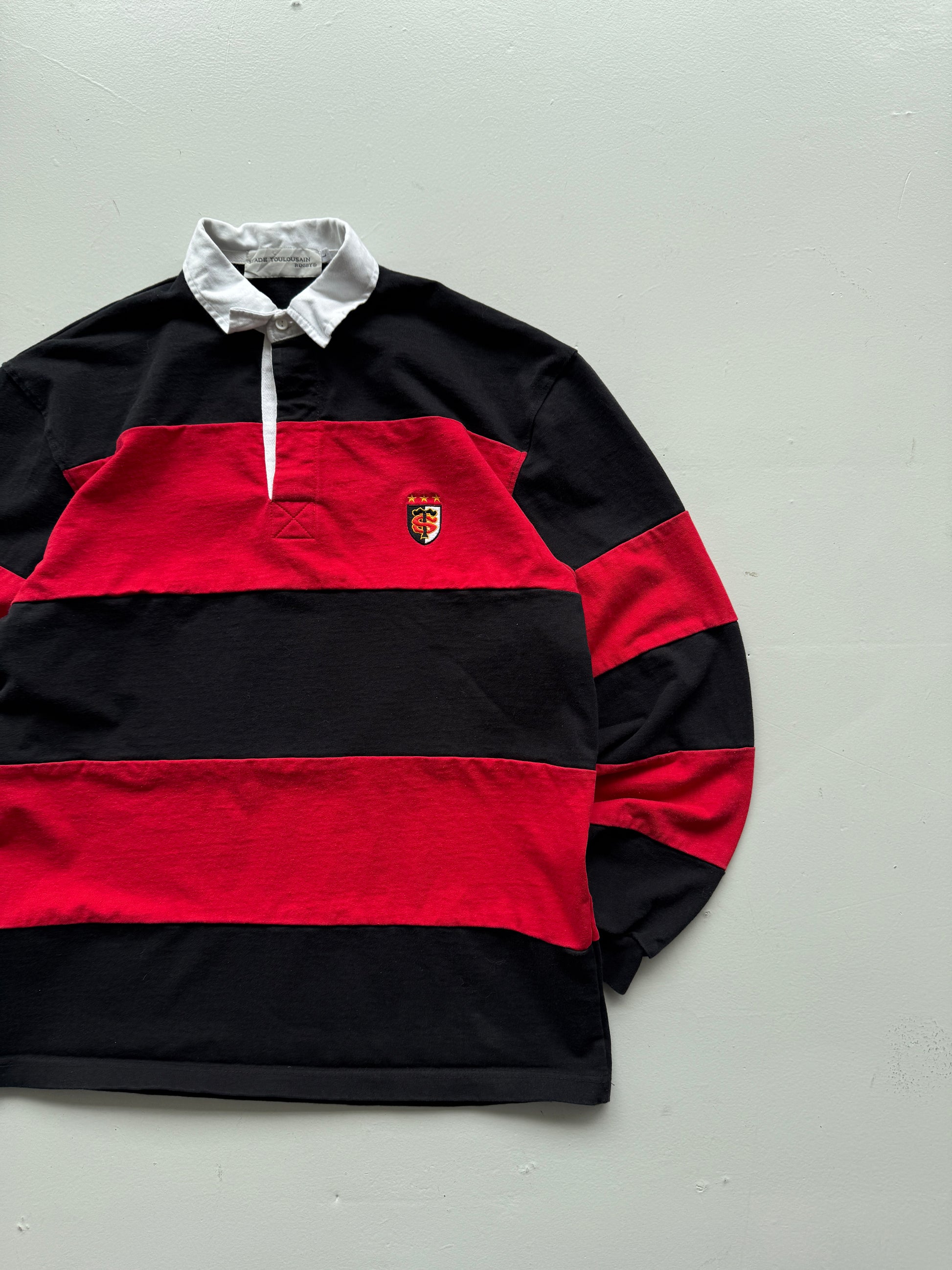 Red Striped Stade Toulousain 90's Vintage Long Sleeve Rugby Jersey Polo - Medium