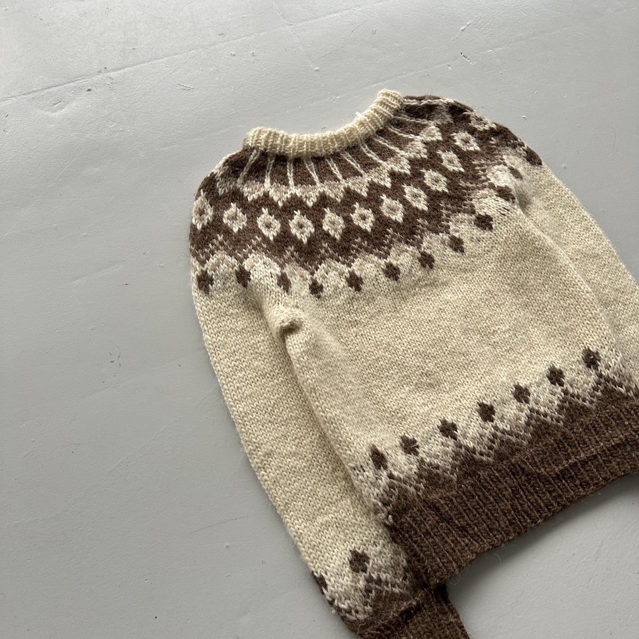 Cream Brown Patterned Hand Knit Vintage Woollen Jumper - Large 10/12