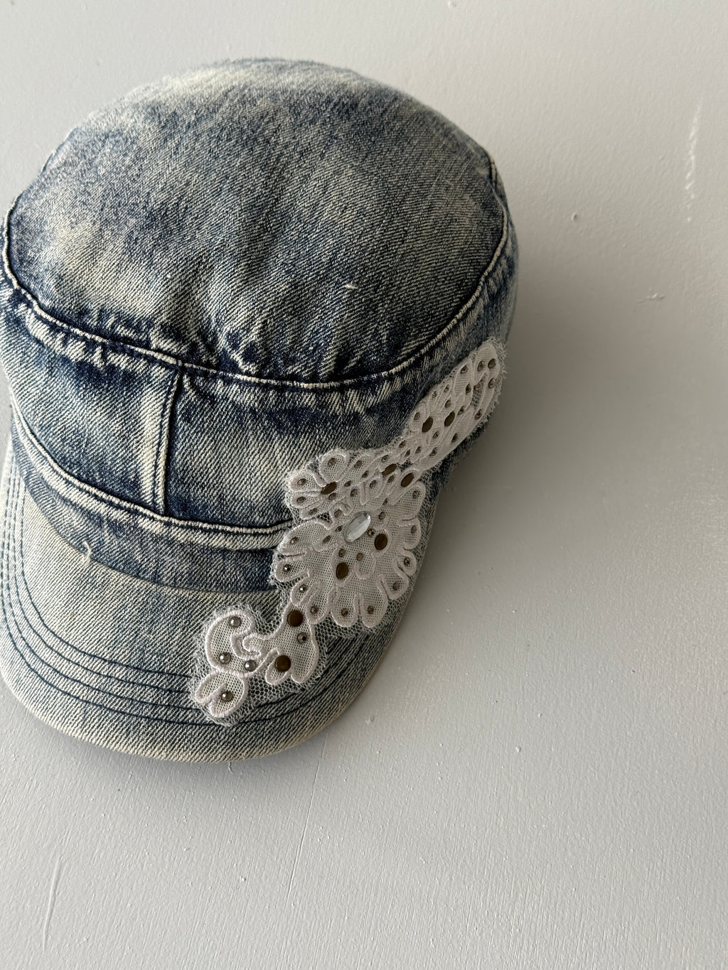 Denim Floral Distressed Y2K Cadet Cap Military Style 00's Grunge Aesthetic