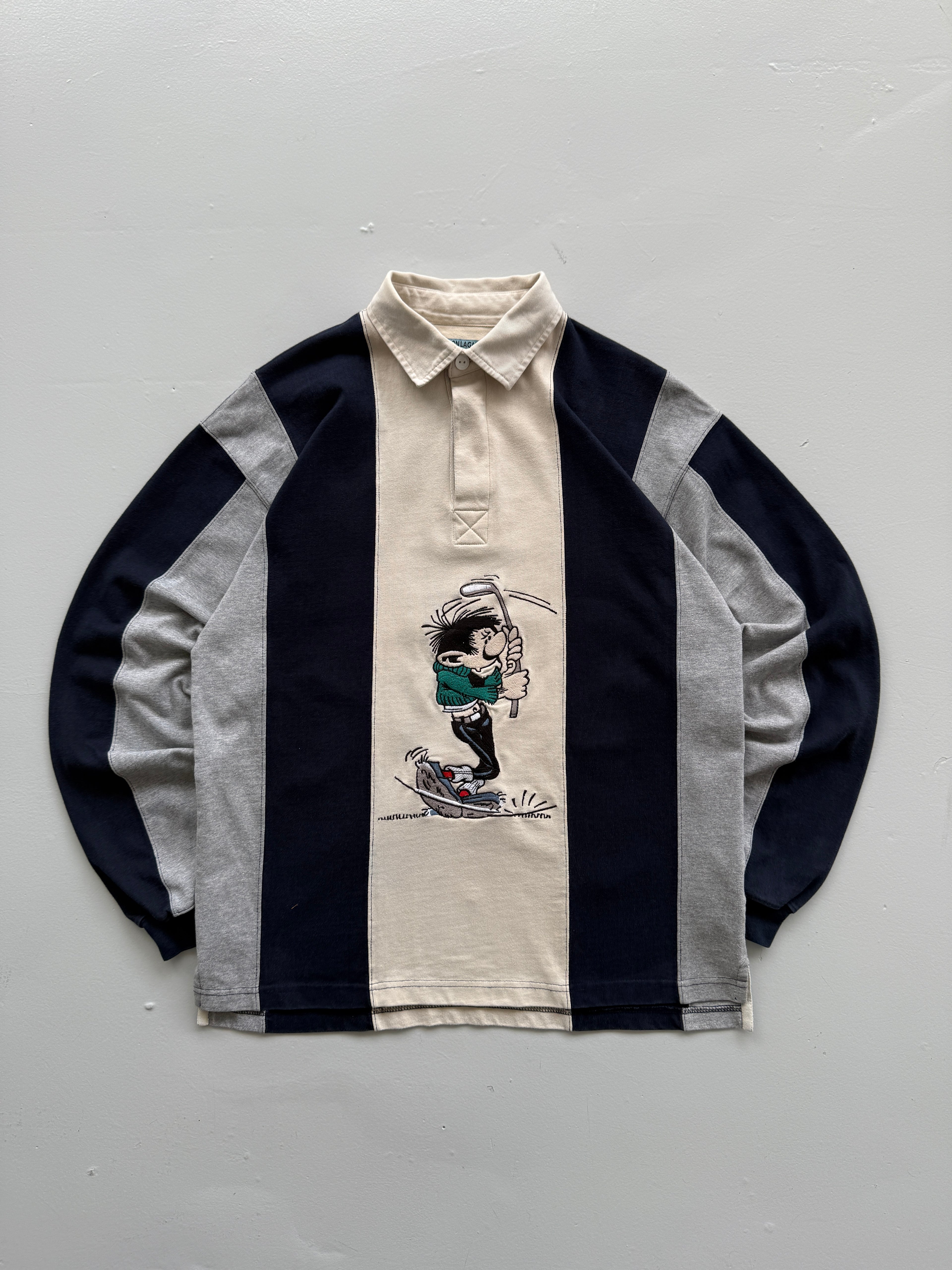 Gaston Lagaffe Studio Adventures Golf Graphic 90's Long Sleeve Rugby Polo - Medi