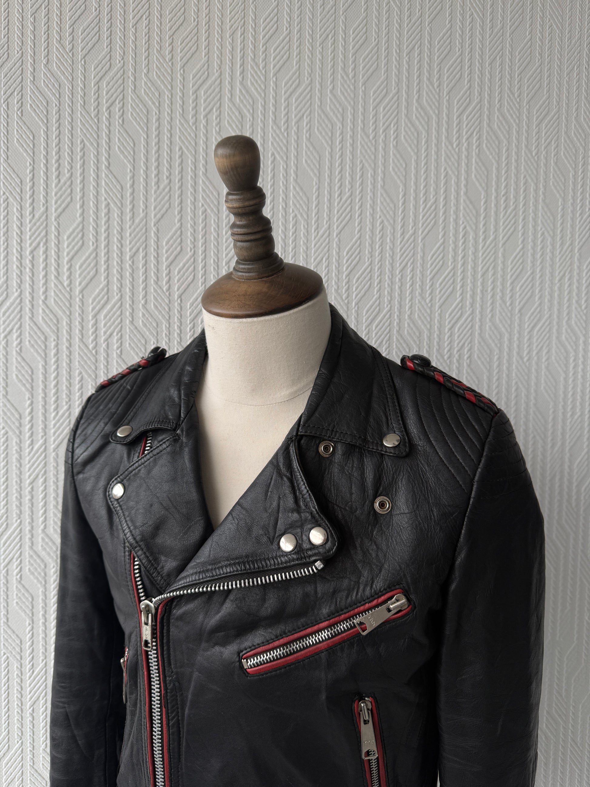 Black & Red 90's Vintage leather Biker Jacket - Mens Small - Womens 10