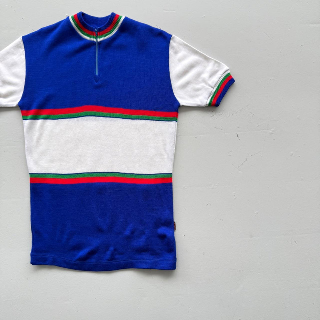 Blue Striped Flower 80's Deadstock Knit Cycling Jersey - Small