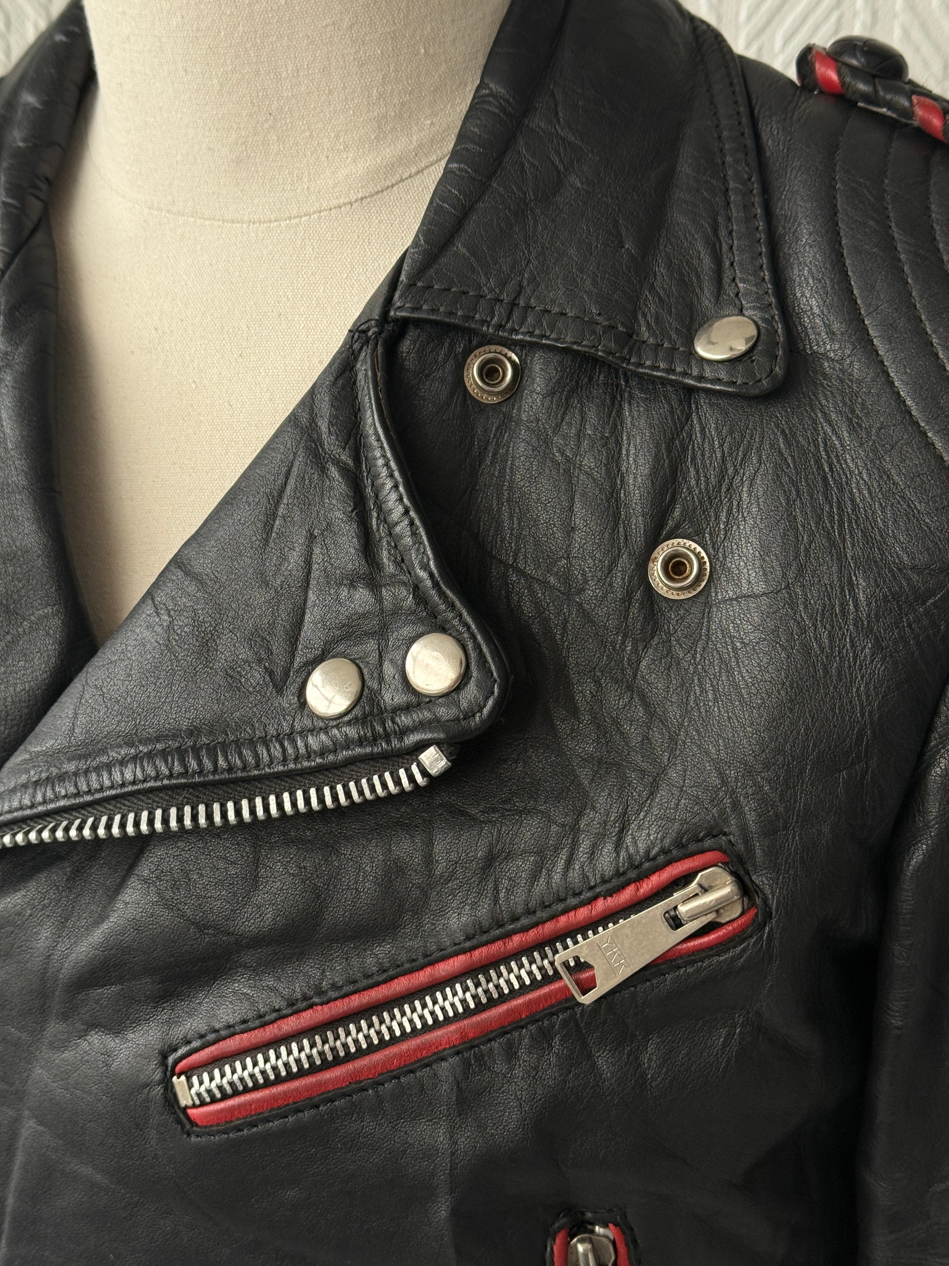 Black & Red 90's Vintage leather Biker Jacket - Mens Small - Womens 10