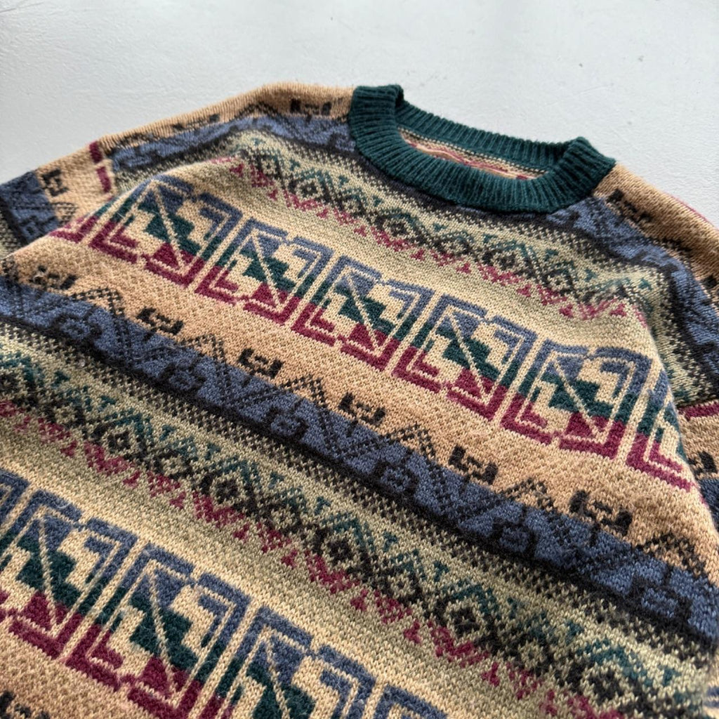 Green Aztec Woollen 90's Vintage Geometric Pattern Knit Jumper - Medium