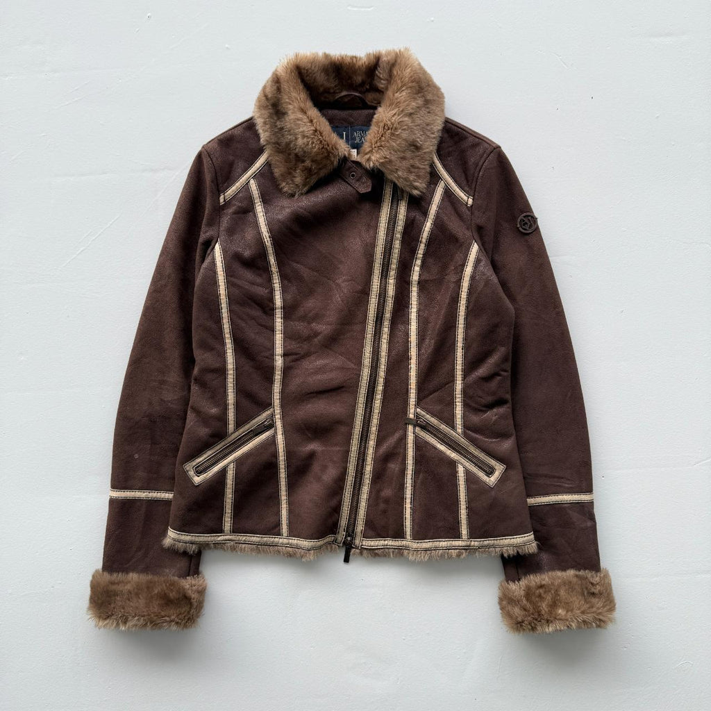 Brown Armani Jeans Vintage Y2K Faux Fur Jacket - Womens Medium Size 10