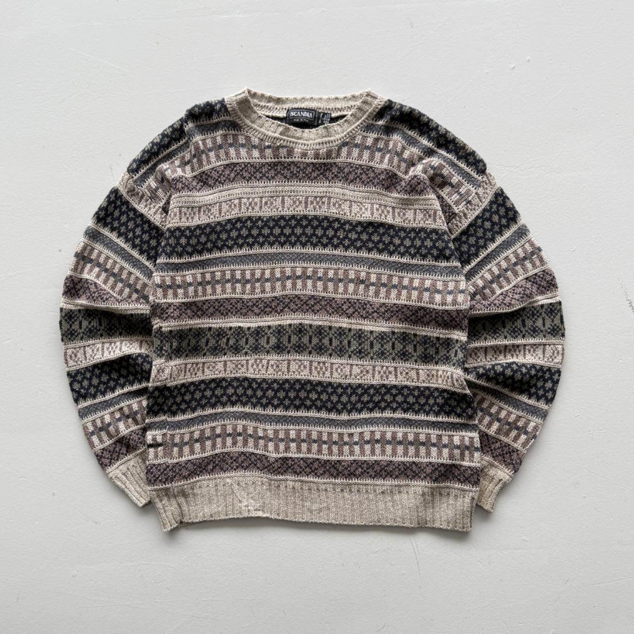 Brown Striped 90’s Vintage Geometric Knit Jumper - Large