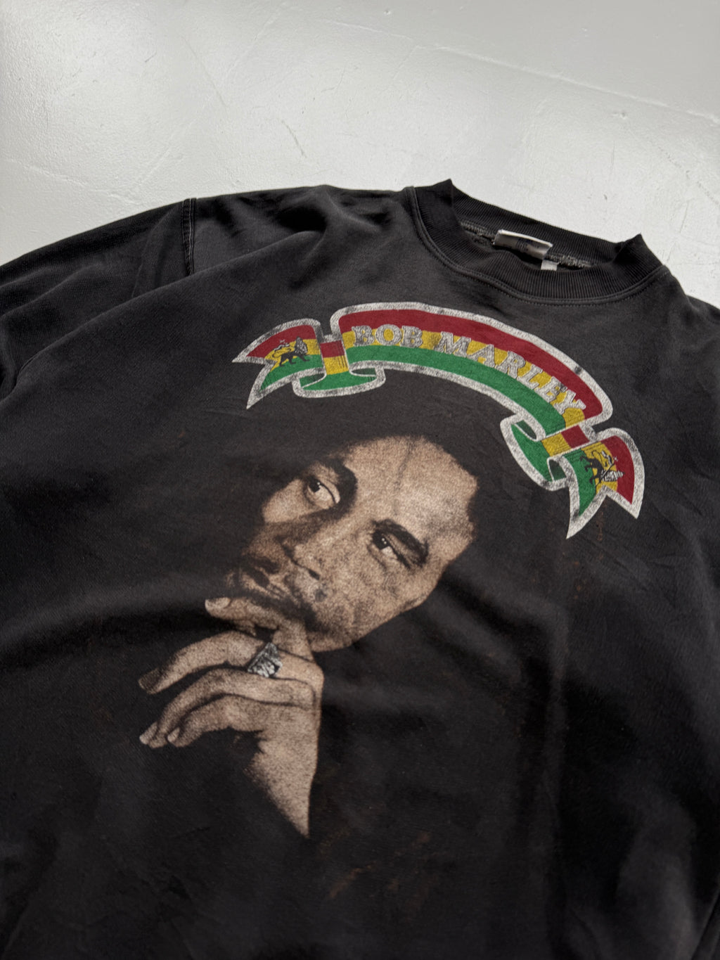 Faded Black Bob Marley 90's Vintage Thrashed  Graphic Sweatshirt- Medium