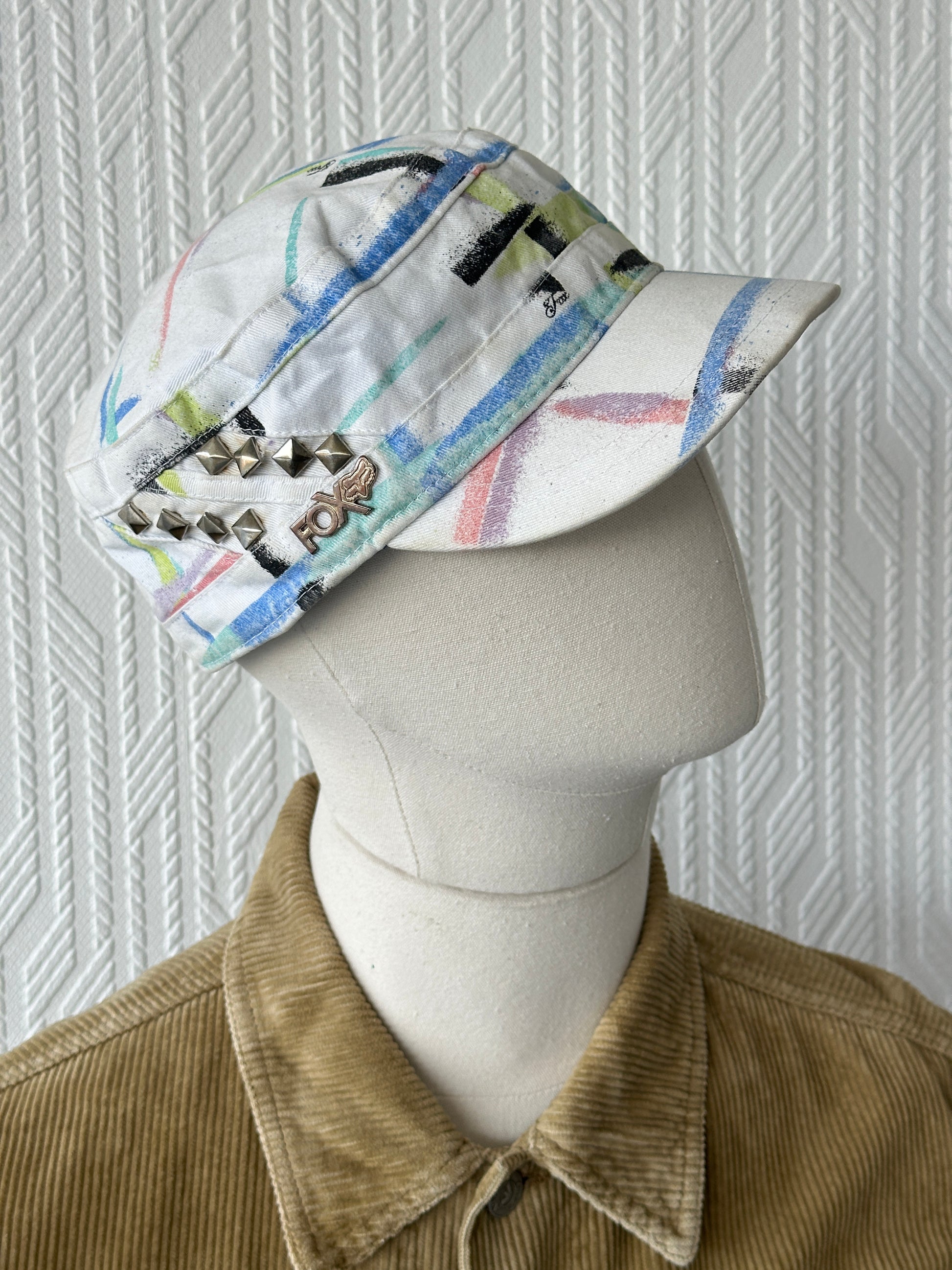 FOX White Studded Y2K Cadet Cap Military Style 00's Grunge Aesthetic