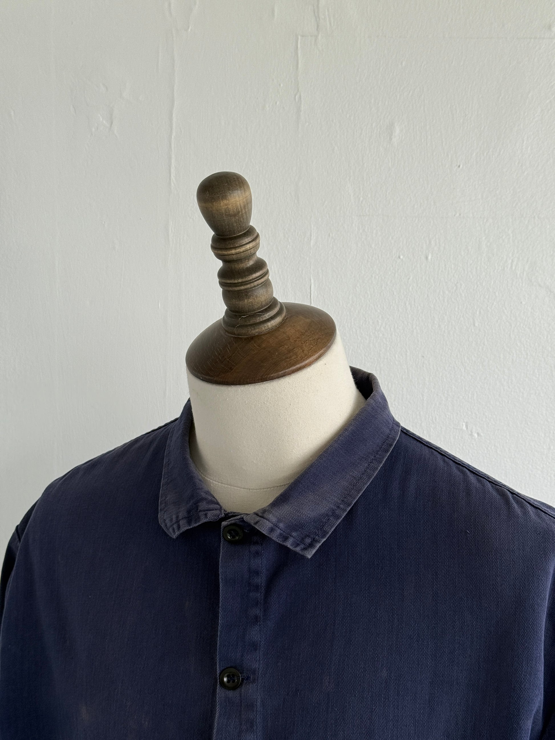 Thrashed Blue Herringbone French Vintage Workwear Chore Jacket CH363 - Large