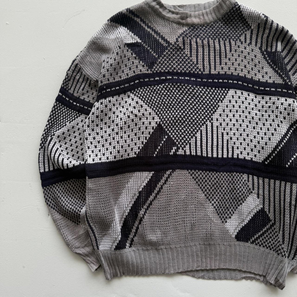 Grey Black Patterned 90's Vintage Woollen Knit Jumper - XL
