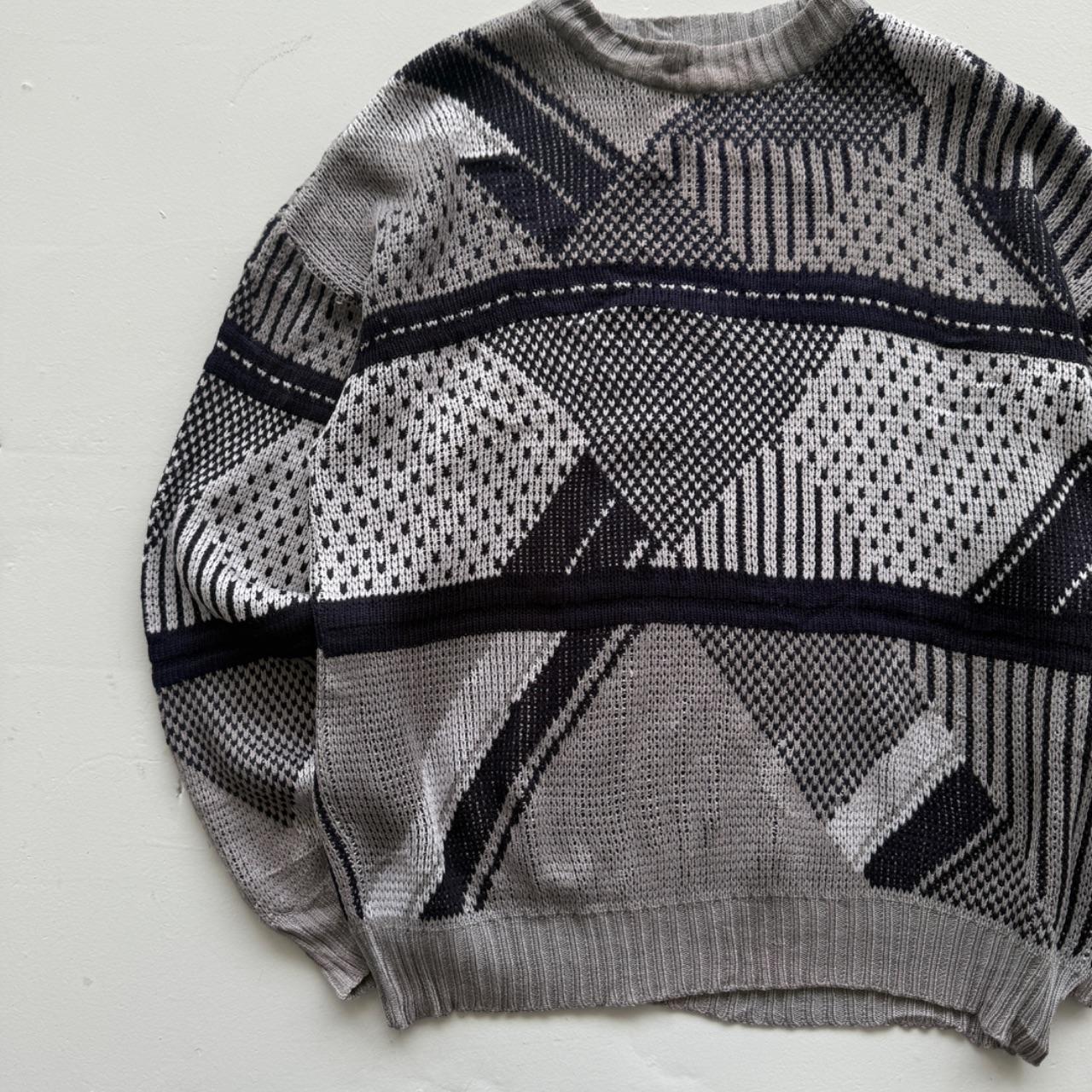 Grey Black Patterned 90's Vintage Woollen Knit Jumper - XL