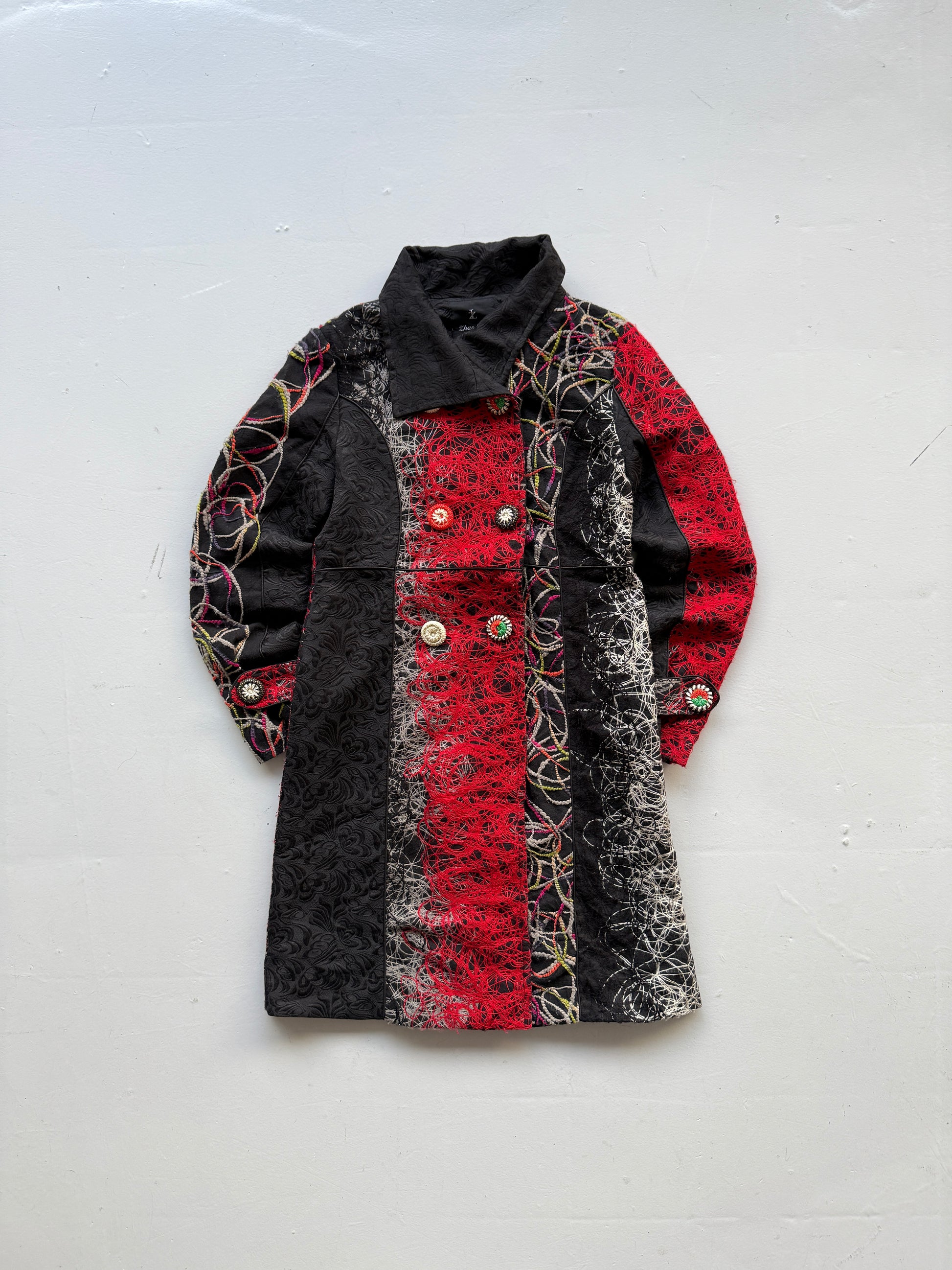 Black Zhao Long 00's Vintage Y2K Embroidered Overcoat - Small