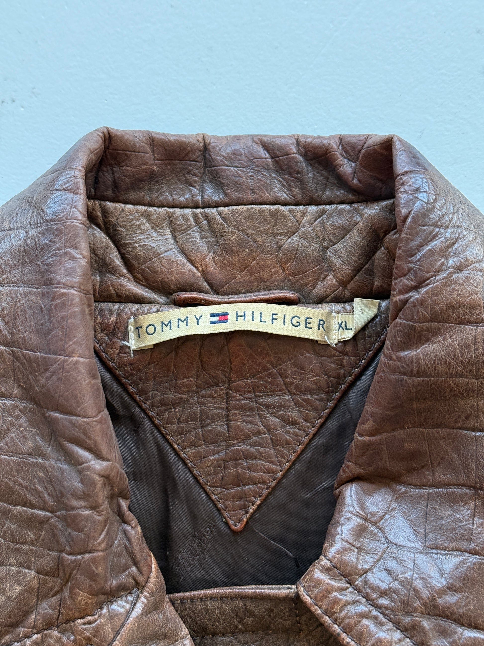 Brown Tommy Hilfiger Y2K Women's Vintage Leather Jacket - Small 8/10