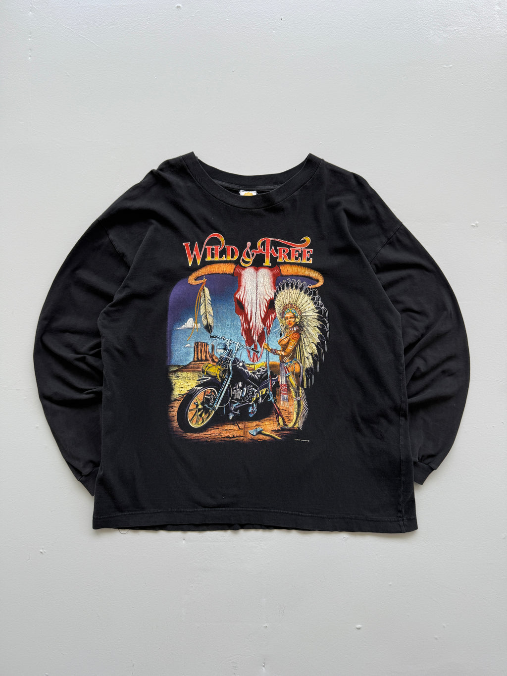 Black Wild and Free 90's Vintage Long Sleeve Biker Graphic T-Shirt - Large