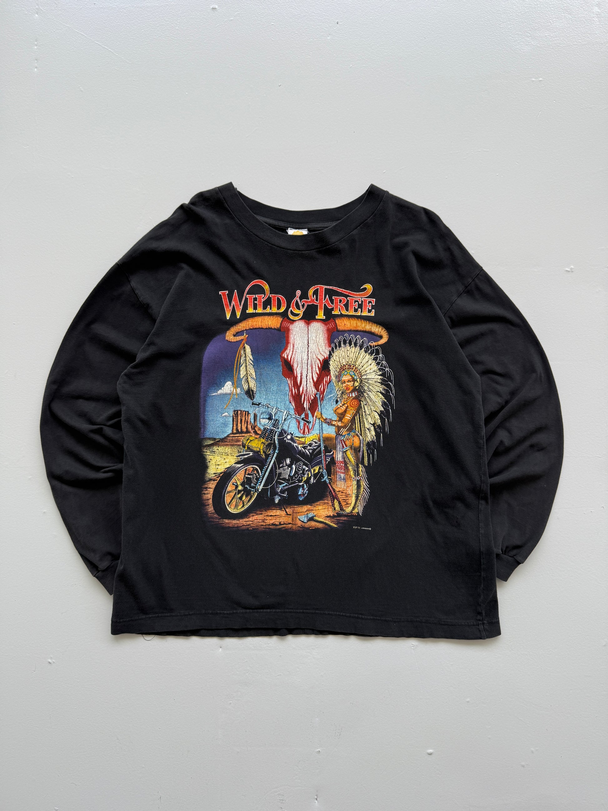 Black Wild and Free 90's Vintage Long Sleeve Biker Graphic T-Shirt - Large