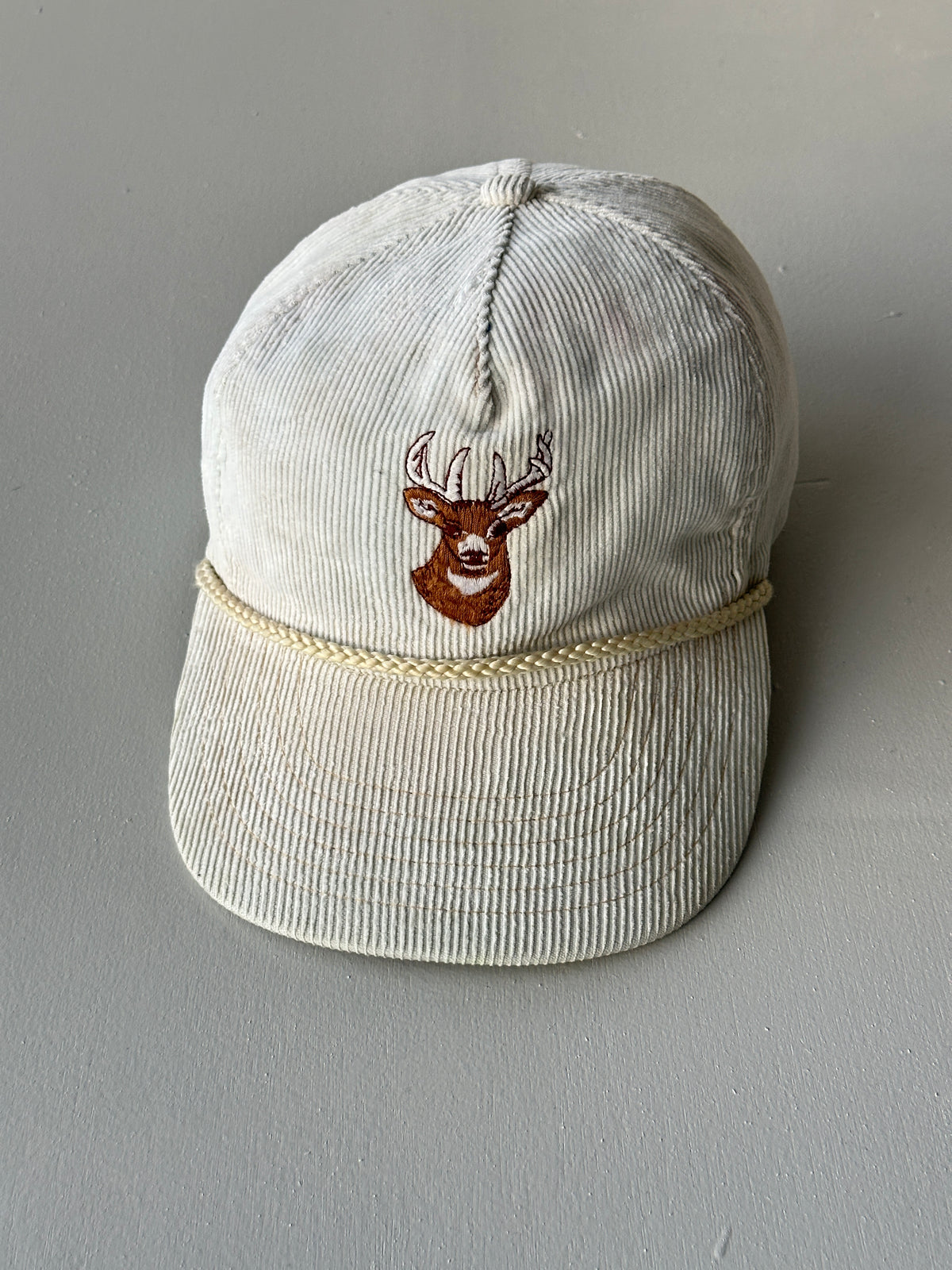 Cream Deer Stag Corduroy 80's Vintage SnapBack Trucker Cap
