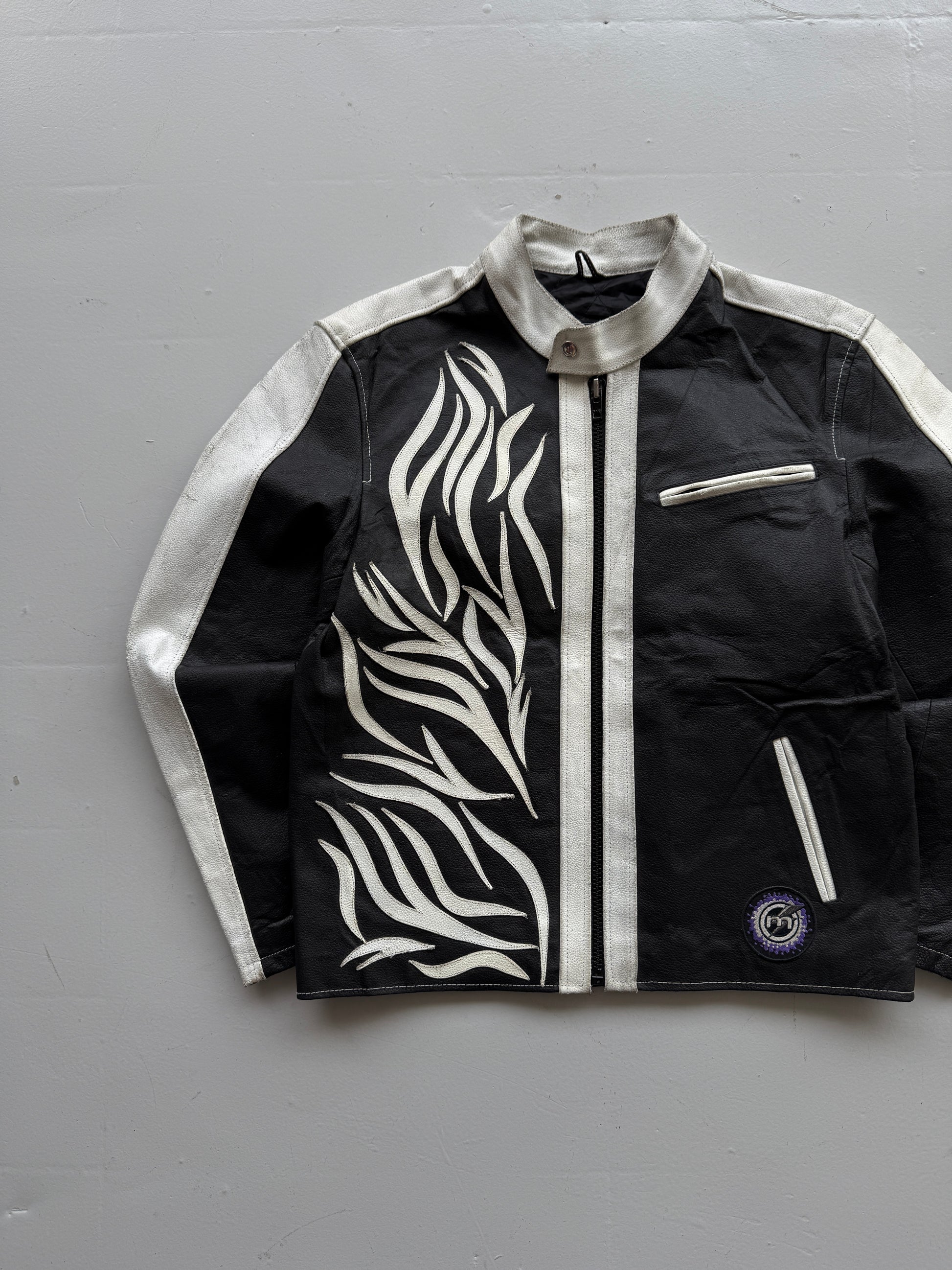 Black Leather Y2K Vintage Tribal Motorbike Jacket - Medium