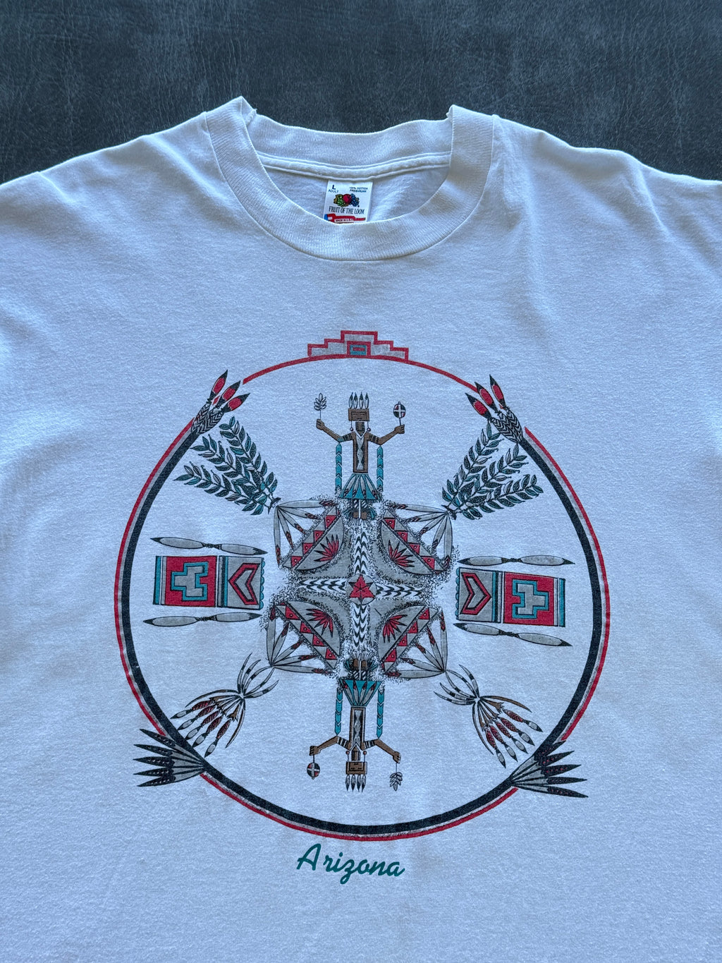 White Arizona Native Kachina 90's Vintage Single Stitch Graphic T-Shirt - Large