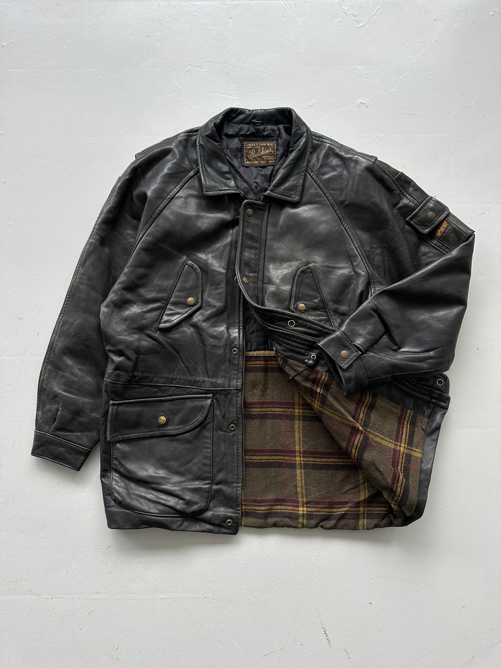 Black Vintage Redskins Leather Jacket 90's Army & Civil B32 - Large