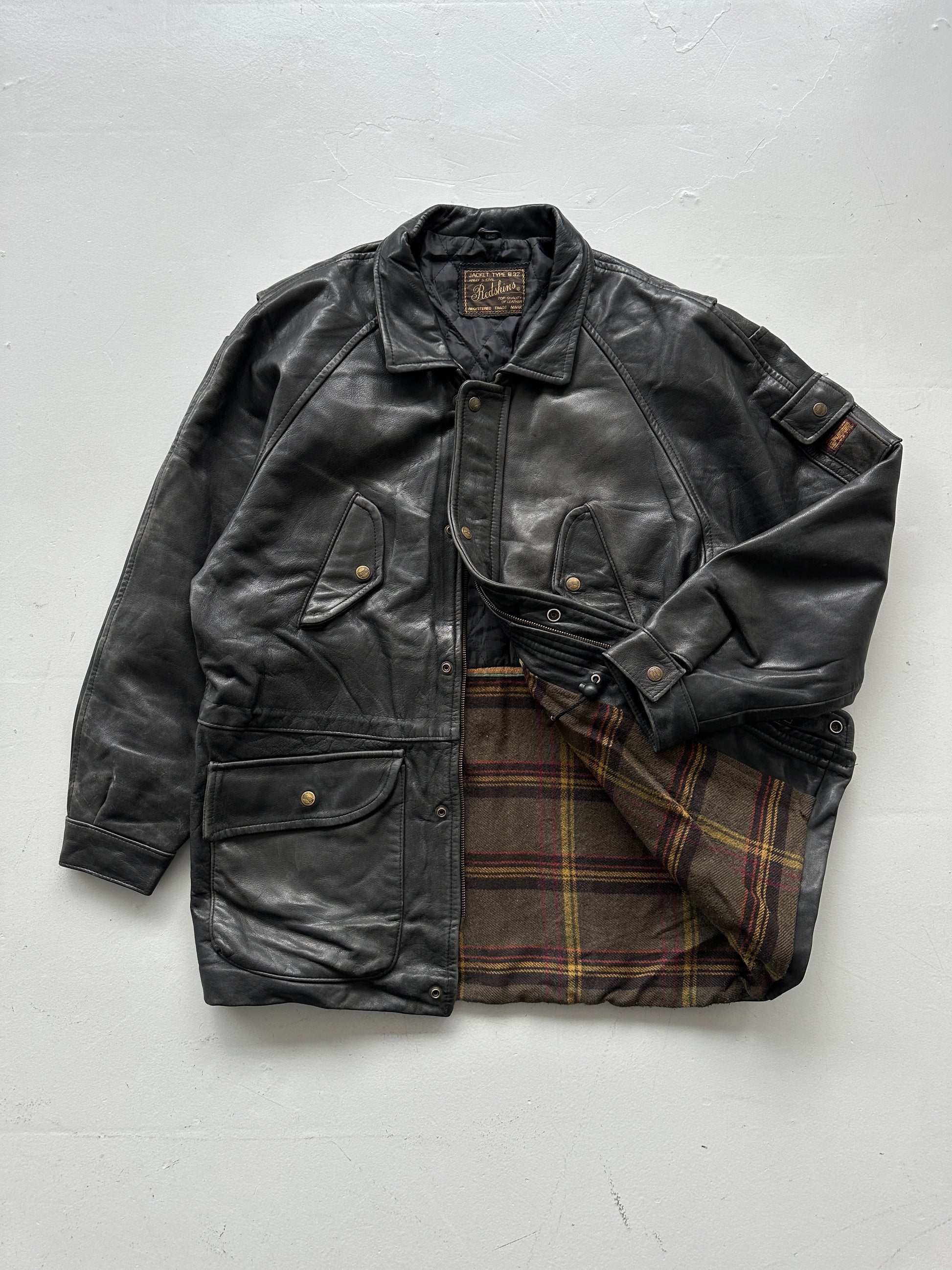 Black Vintage Redskins Leather Jacket 90's Army & Civil B32 - Large