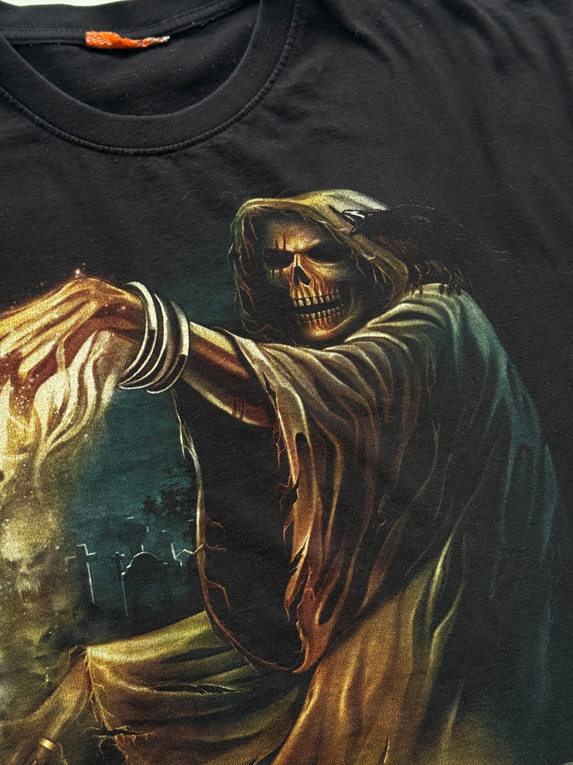 Black Grim Reaper 00's Vintage Y2K Graphic Metal T-Shirt - Large