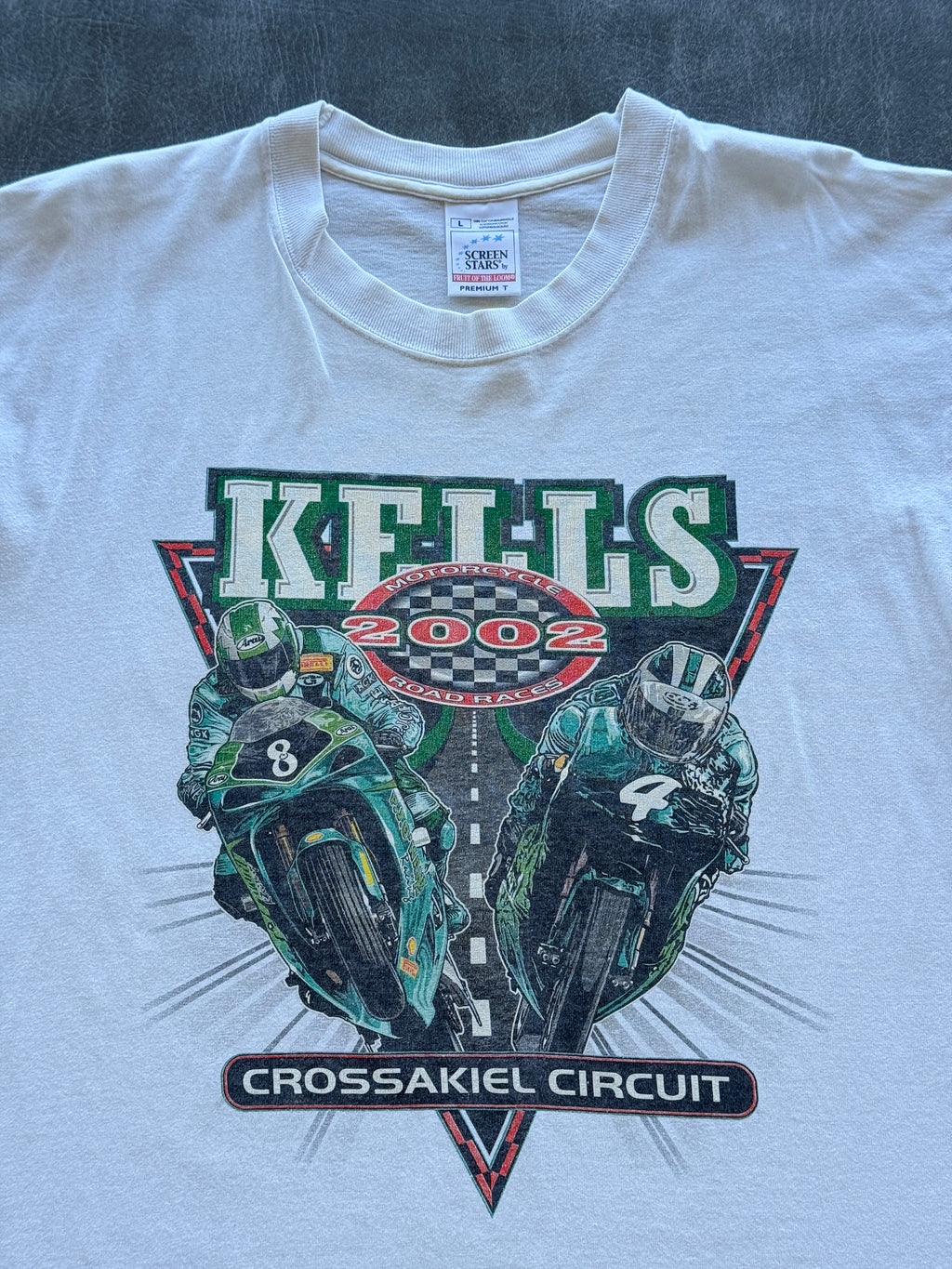 White Kells 2002 Motorcycle Road Races Crossakiel Circuit Y2K Graphic T-Shirt -