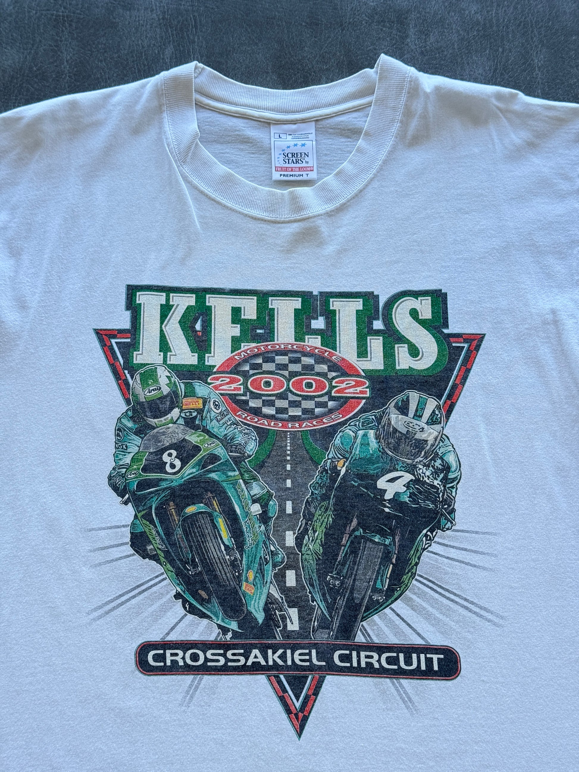 White Kells 2002 Motorcycle Road Races Crossakiel Circuit Y2K Graphic T-Shirt -