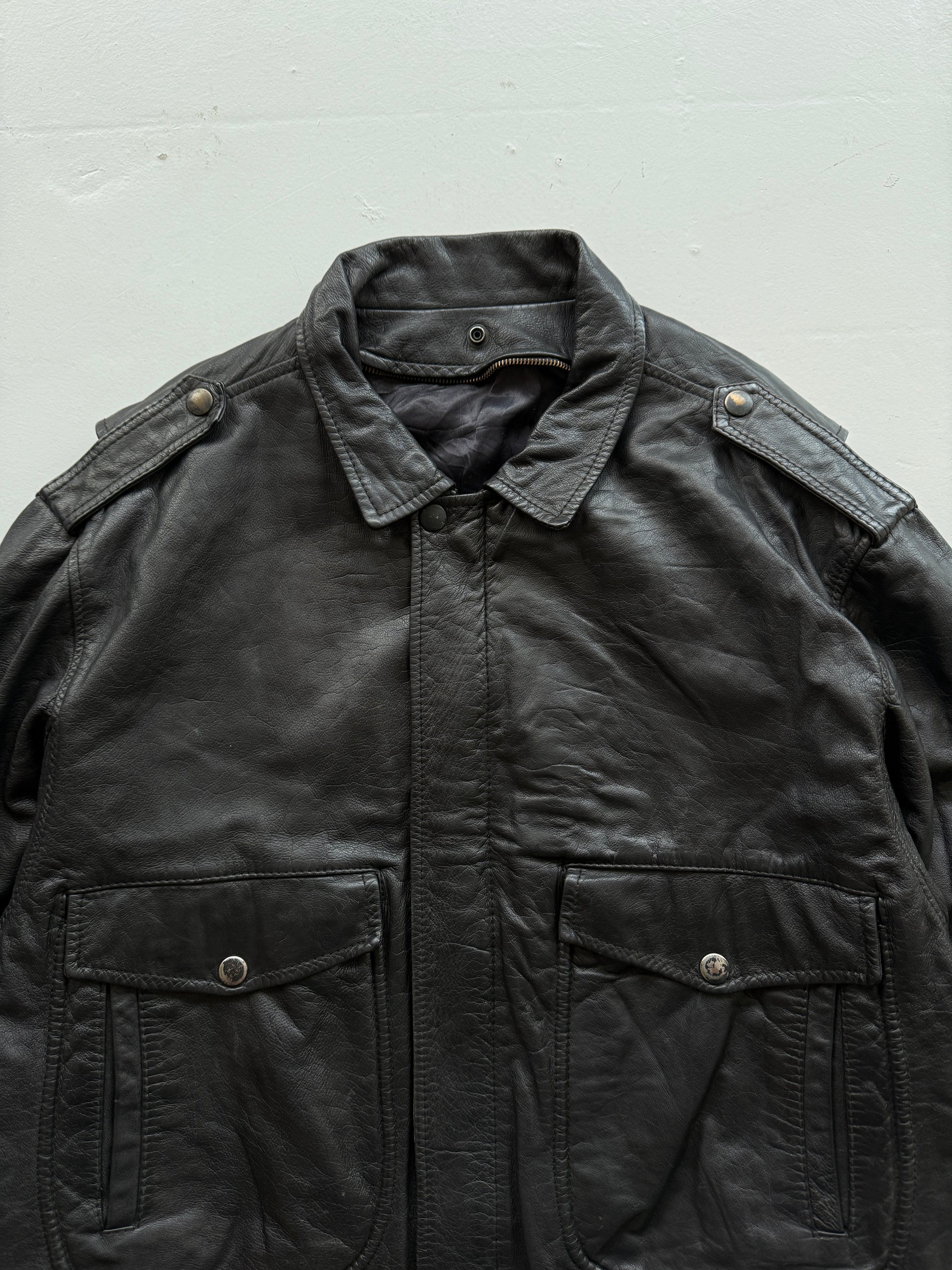 Black A2 Leather Vintage Aviation Bomber Jacket 002 - Large