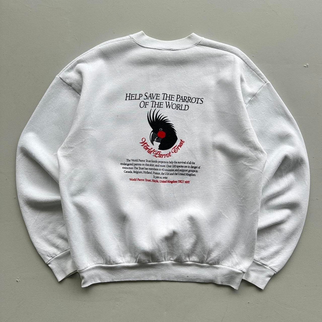 White Save the Parrots 90’s Vintage Graphic Sweatshirt - XL