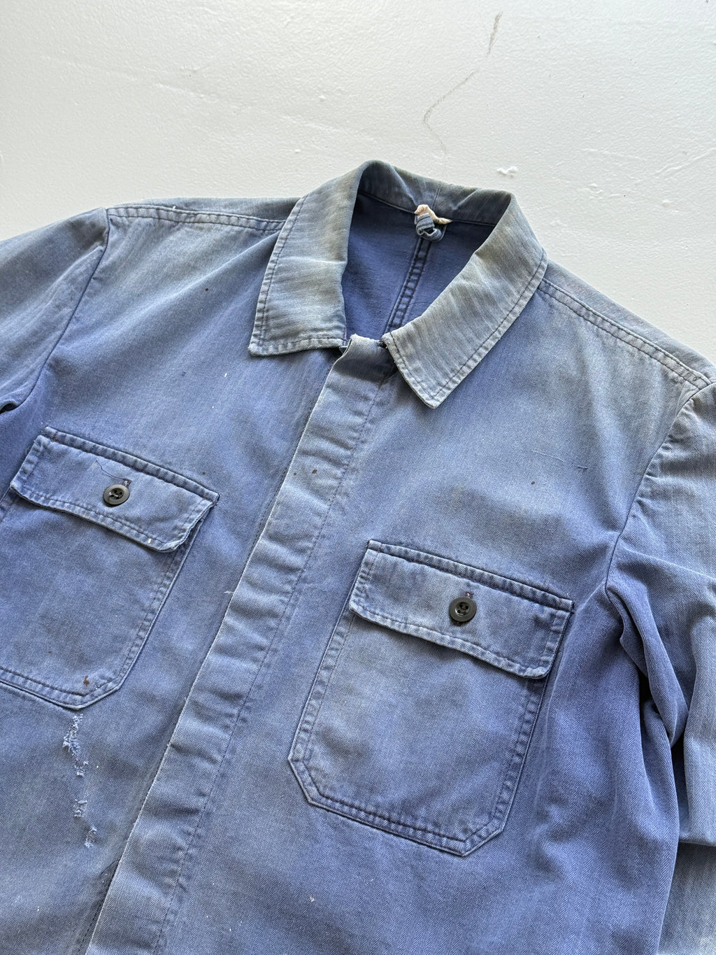 Thrashed Blue Herringbone French Vintage Workwear Chore Jacket CH368 - Small