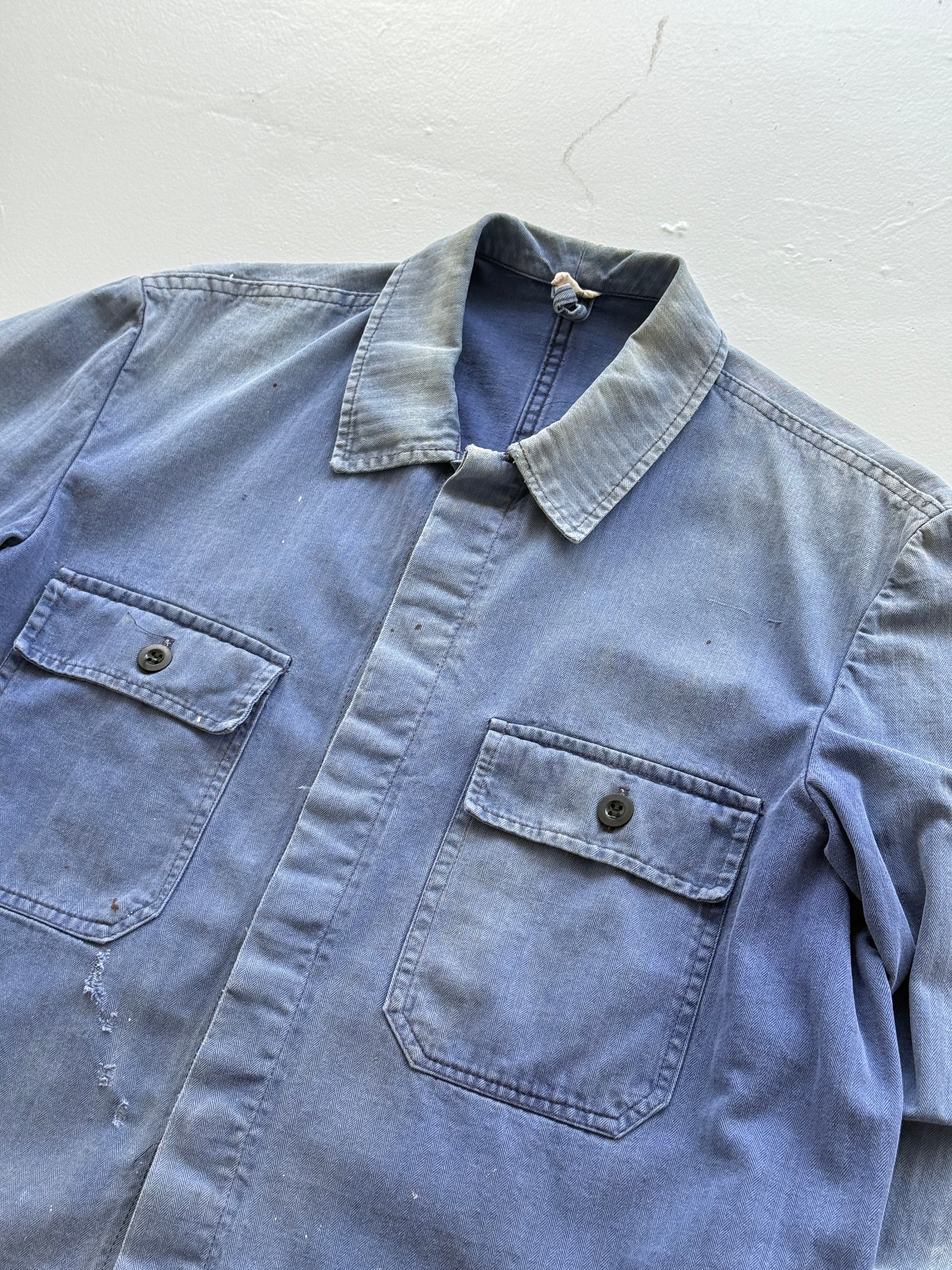 Thrashed Blue Herringbone French Vintage Workwear Chore Jacket CH368 - Small