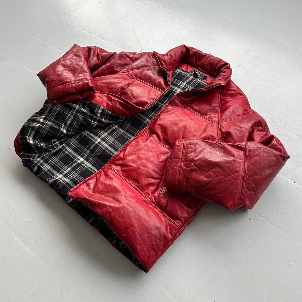 Polo Ralph Lauren Rare Red Leather 90s Puffer Jacket - Medium