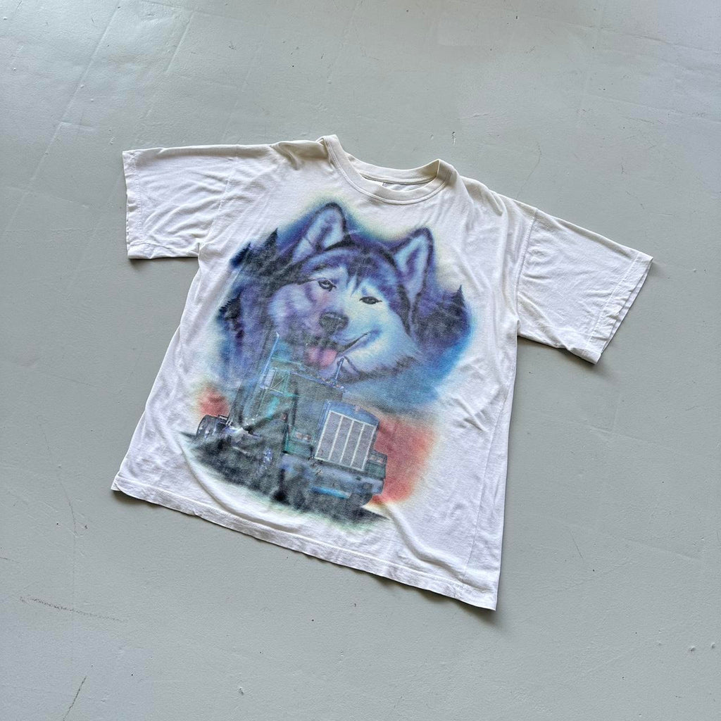 White Airbrushed Husky / Trucker Vintage 90's T-shirt - XL