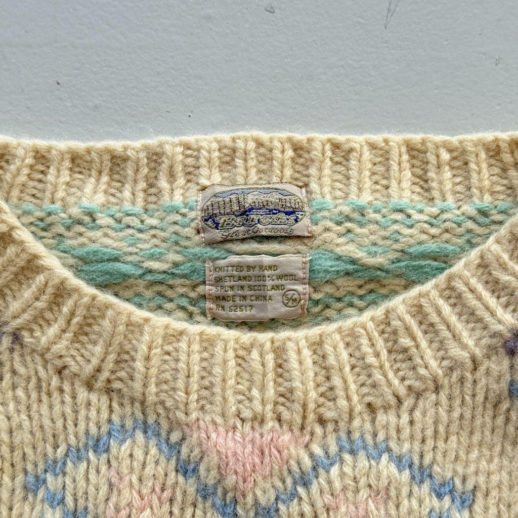 Cream Western Inspired Shetland Heavy Knit 80's Woollen Jumper - Small