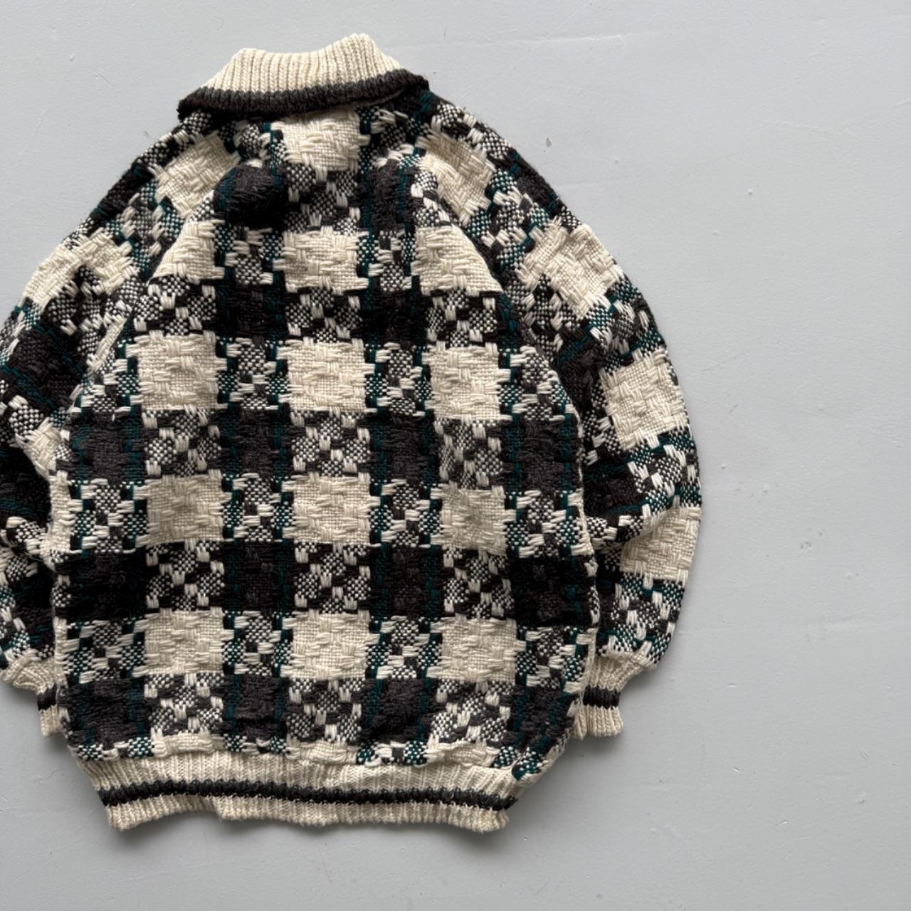 Cream Check Knitted 90s Vintage Knit Polo Sweatshirt - Large